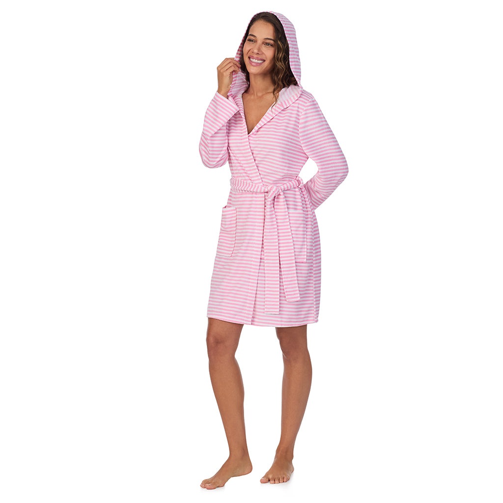 Pink Stripe; Model is wearing size S. She is 5’9”, Bust 34”, Waist 23”, Hips 35”. @A lady wearing Vintage Terry Wrap Robe with Hood