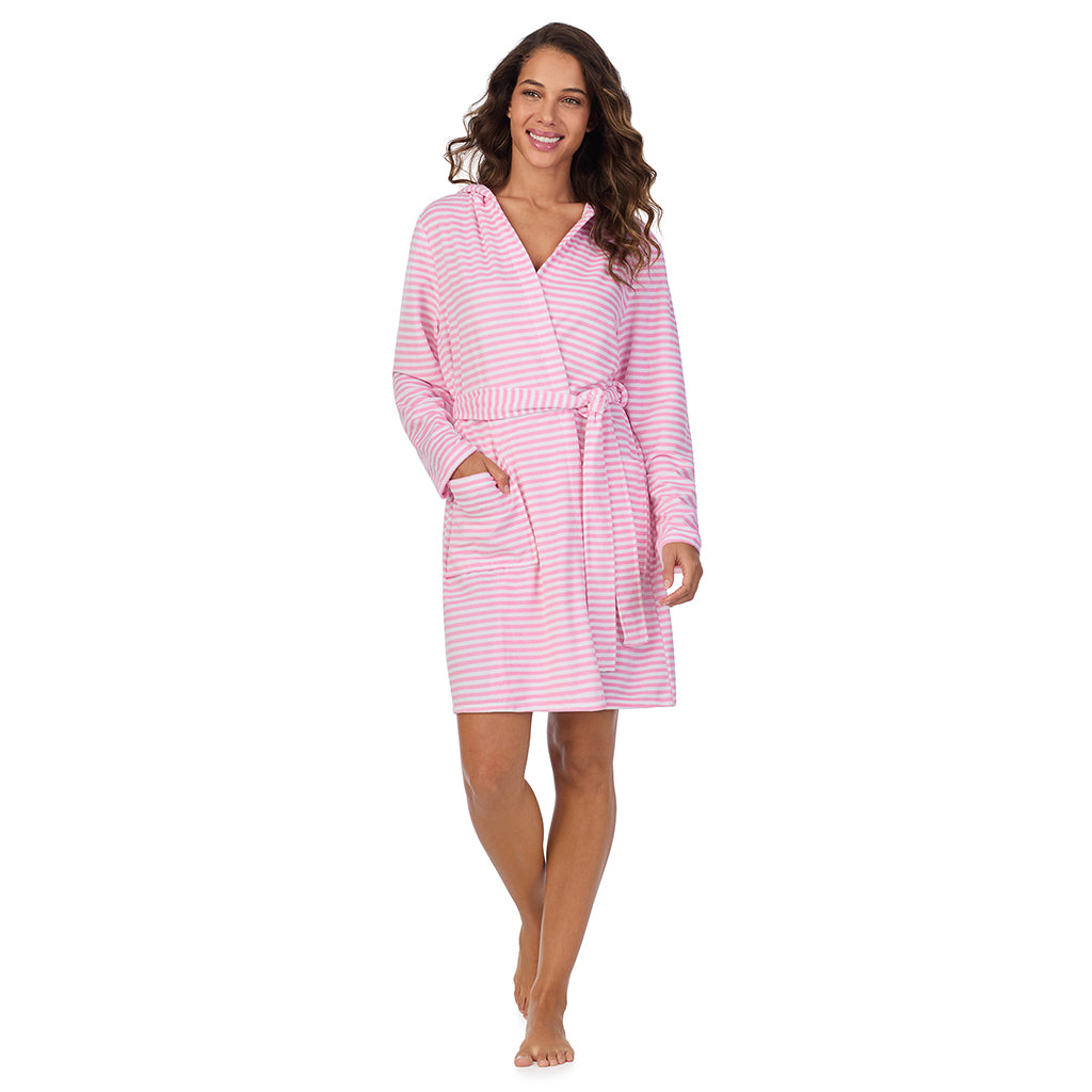 Pink Stripe; Model is wearing size S. She is 5’9”, Bust 34”, Waist 23”, Hips 35”. @A lady wearing Vintage Terry Wrap Robe with Hood