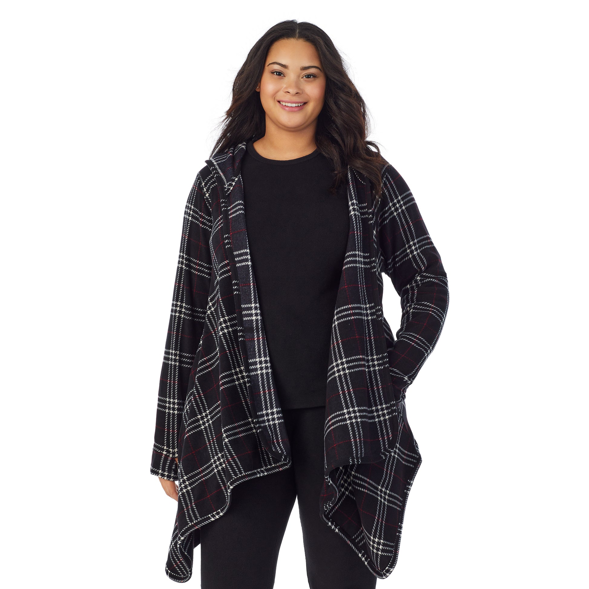 A lady wearing black plaid fleecewear with stretch long sleeve hooded wrap plus.