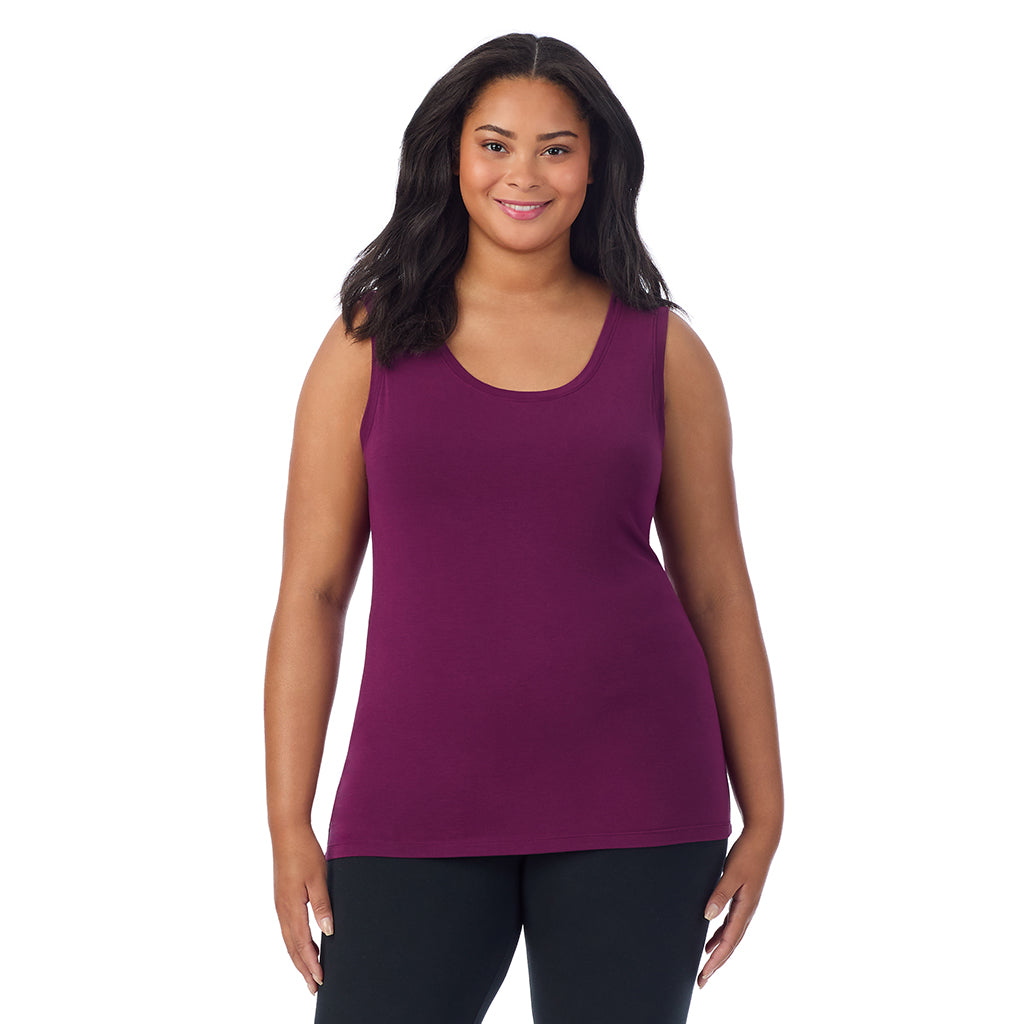 Dark Purple; Model is wearing size 1X. She is 5'11", Bust 36", Waist 36.5", Hips 47.5". @A lady wearing dark purple sleeveless reversible tank plus.