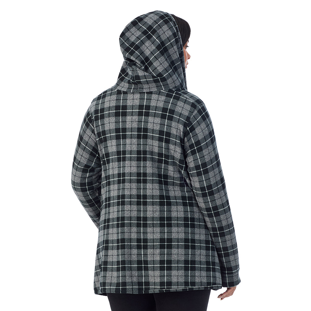 Charcoal Heather Tartan; Model is wearing size 1X. She is 5'11", Bust 36", Waist 36.5", Hips 47.5" @ A Lady is wearing Charcoal Heather Tartan Fleecewear With Stretch Long Sleeve Hooded Wrap-up PLUS!94% Recycled Polyester, 6% Spandex!