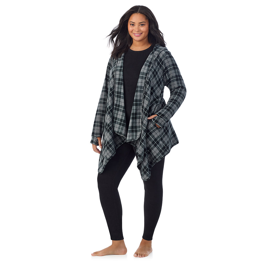 Charcoal Heather Tartan; Model is wearing size 1X. She is 5'11", Bust 36", Waist 36.5", Hips 47.5" @ A Lady is wearing Charcoal Heather Tartan Fleecewear With Stretch Long Sleeve Hooded Wrap-up PLUS!94% Recycled Polyester, 6% Spandex!