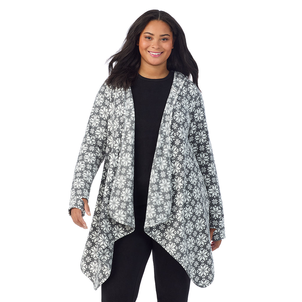 Charcoal Heather Nordic; Model is wearing size 1X. She is 5'11", Bust 36", Waist 36.5", Hips 47.5" @ A Lady is wearing Charcoal Heather Nordic Fleecewear With Stretch Long Sleeve Hooded Wrap-up PLUS!94% Recycled Polyester, 6% Spandex!