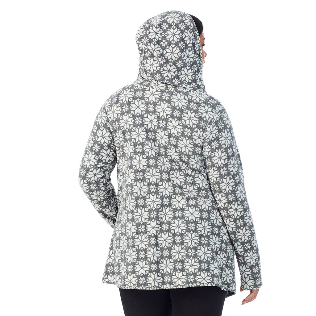 Charcoal Heather Nordic; Model is wearing size 1X. She is 5'11", Bust 36", Waist 36.5", Hips 47.5" @ A Lady is wearing Charcoal Heather Nordic Fleecewear With Stretch Long Sleeve Hooded Wrap-up PLUS!94% Recycled Polyester, 6% Spandex!