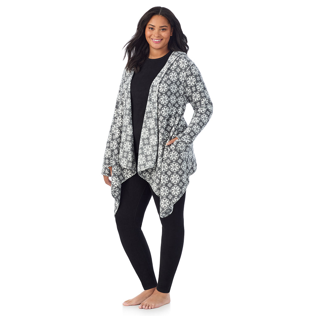 Charcoal Heather Nordic; Model is wearing size 1X. She is 5'11", Bust 36", Waist 36.5", Hips 47.5" @ A Lady is wearing Charcoal Heather Nordic Fleecewear With Stretch Long Sleeve Hooded Wrap-up PLUS!94% Recycled Polyester, 6% Spandex!