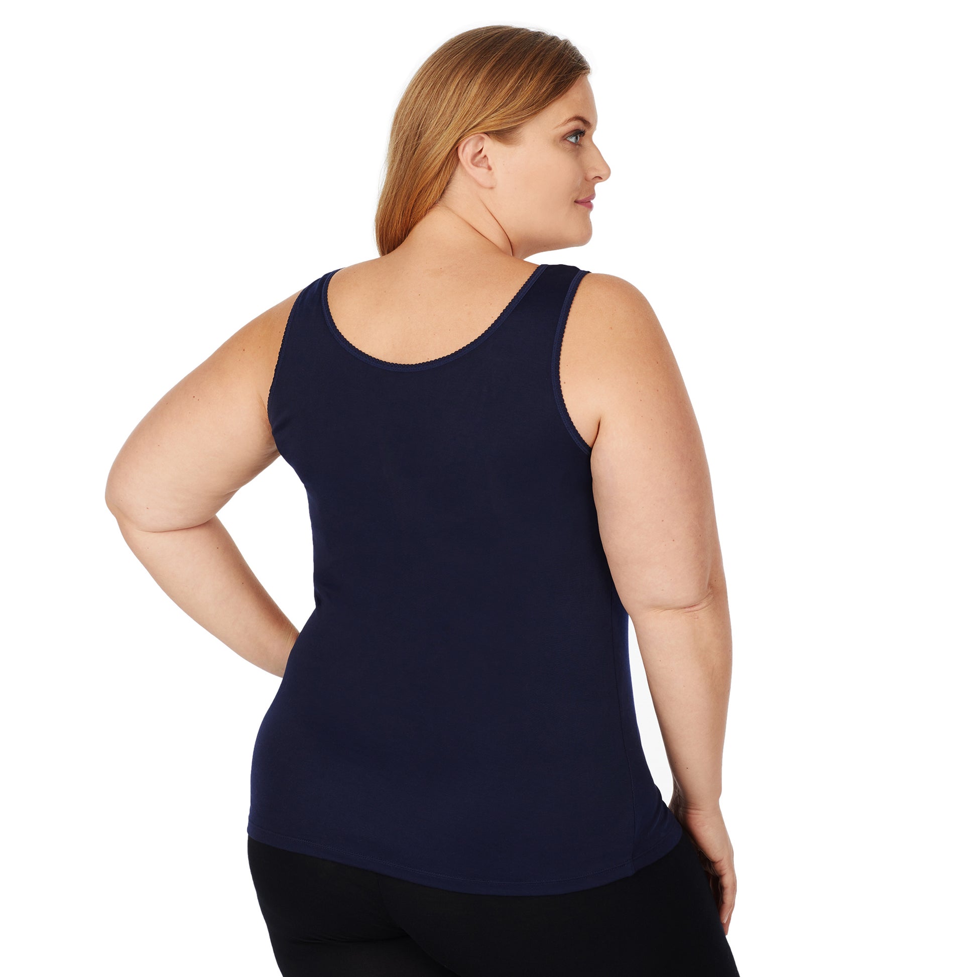 A lady wearing ink softtech venice lace detail cami plus.