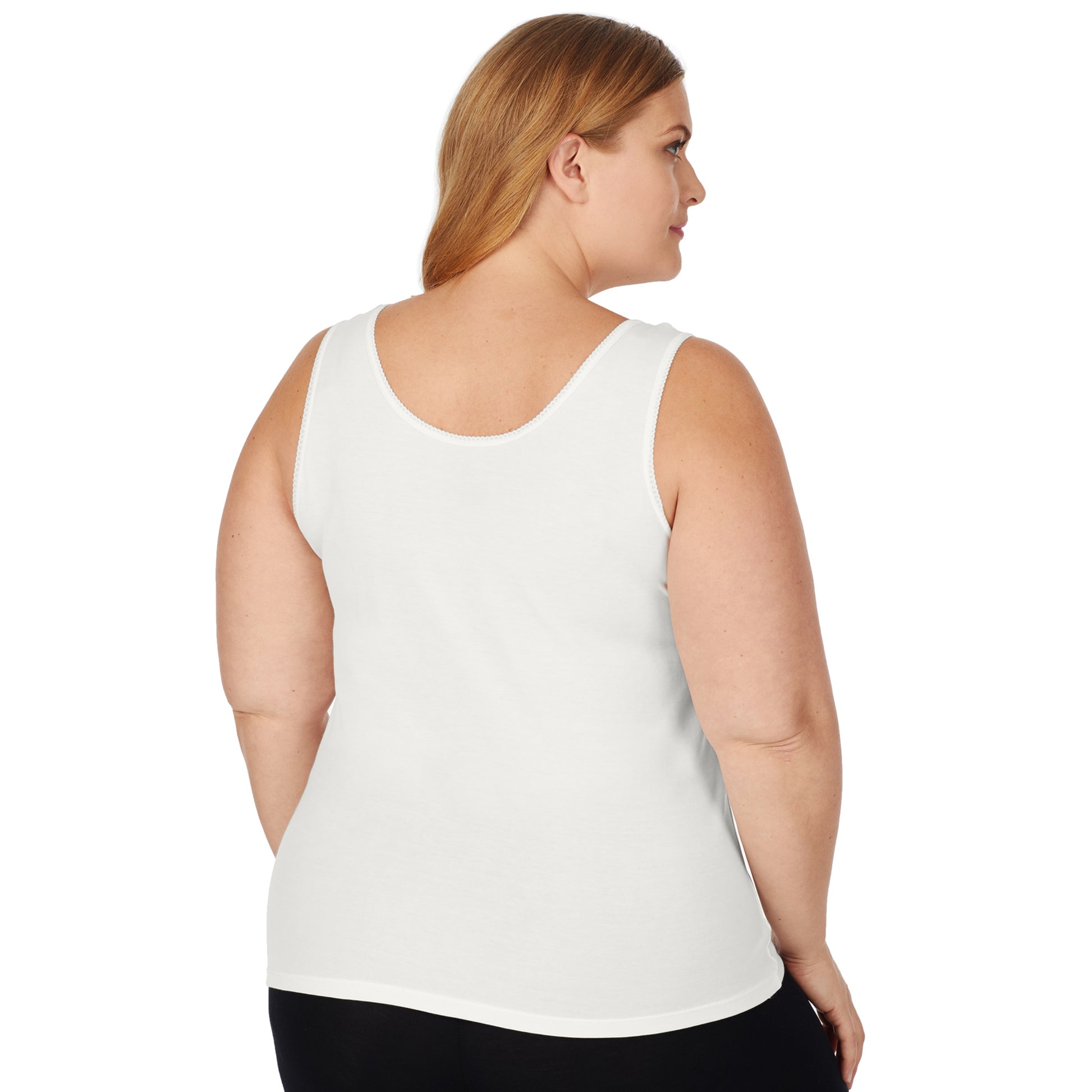 A lady wearing ivory softtech venice lace detail cami plus.