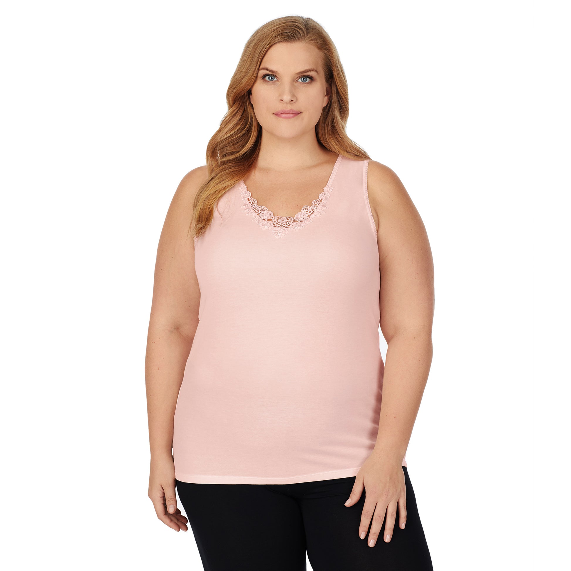 A lady wearing soft pink softtech venice lace detail cami plus.