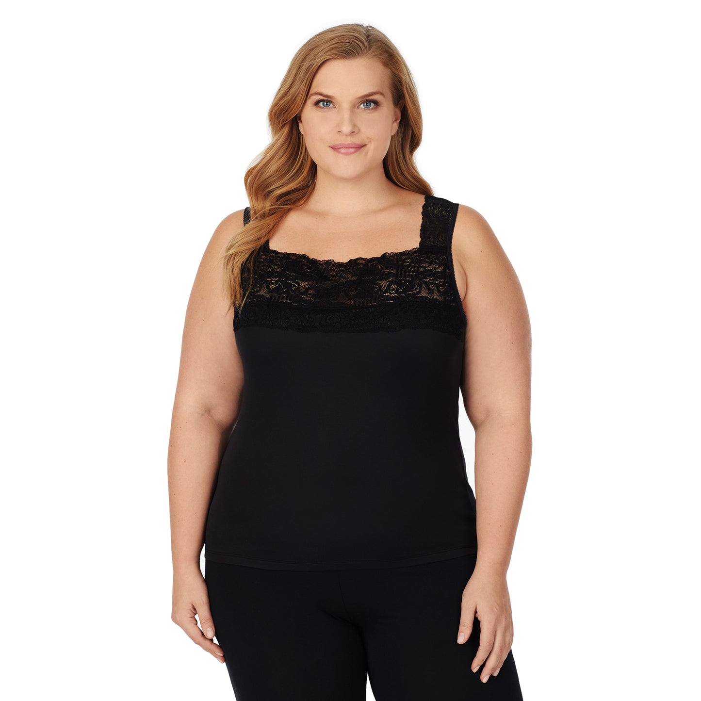 Black; Model is wearing size 1x. She is 5'9", Bust 38", Waist 36", Hips 48.5". @A lady wearing black lace cami