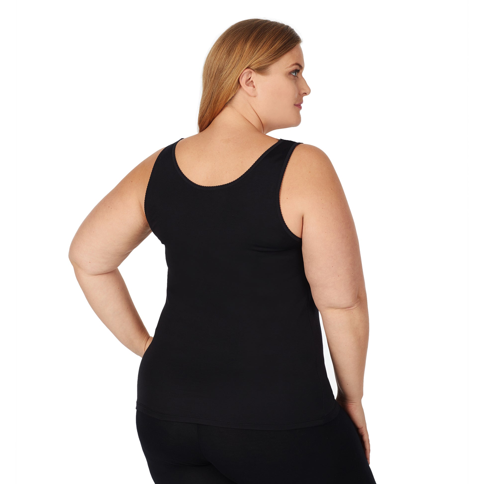 A lady wearing black lace cami