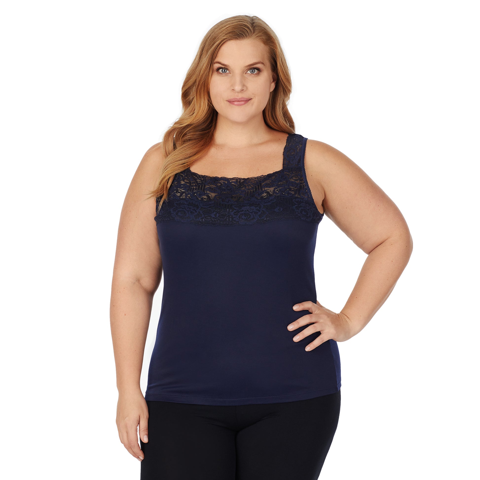 A lady wearing ink lace cami