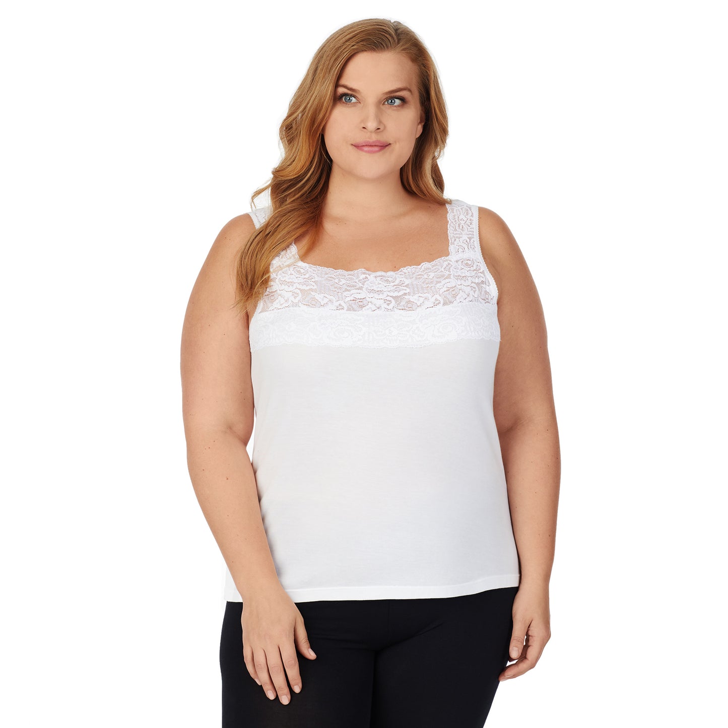 White; Model is wearing size 1x. She is 5'9", Bust 38", Waist 36", Hips 48.5". @A lady wearing white lace cami