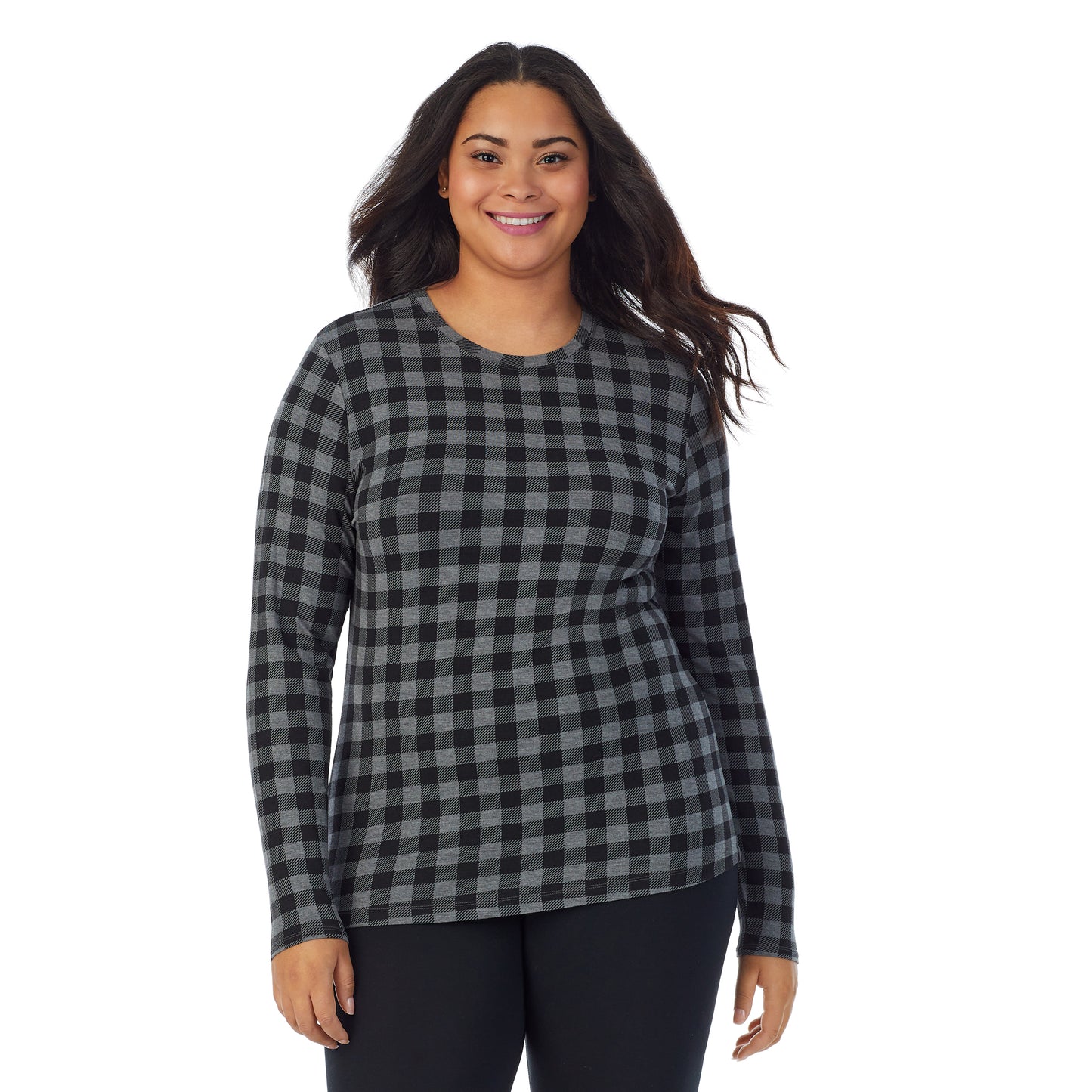 Grey Tonal Buffalo;Model is wearing size 1X. She is 5'11", Bust 36", Waist 36.5", Hips 47.5". @A lady wearing a Grey Tonal Buffalo long sleeve stretch crew plus.
