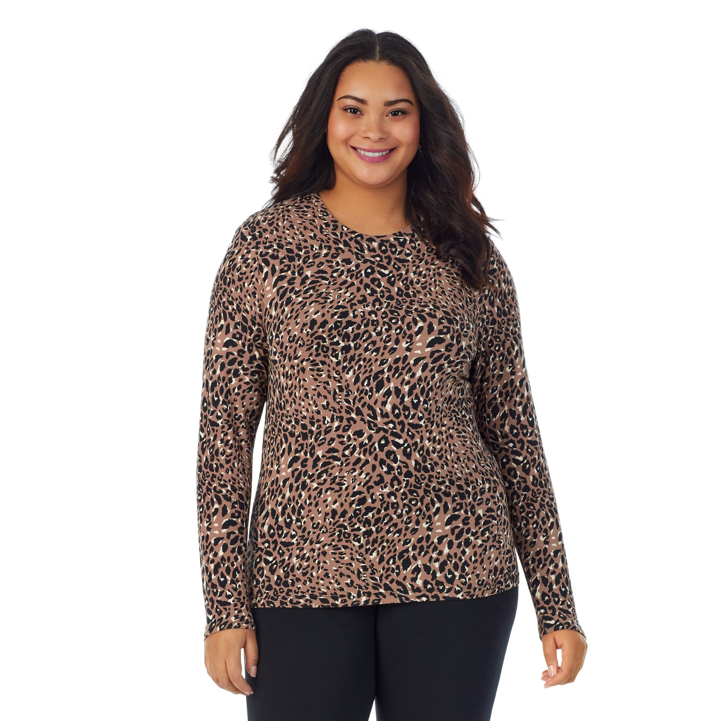 Pecan Leopard;Model is wearing size 1X. She is 5'11", Bust 36", Waist 36.5", Hips 47.5". @A lady wearing a Pecan Leopard long sleeve stretch crew plus.