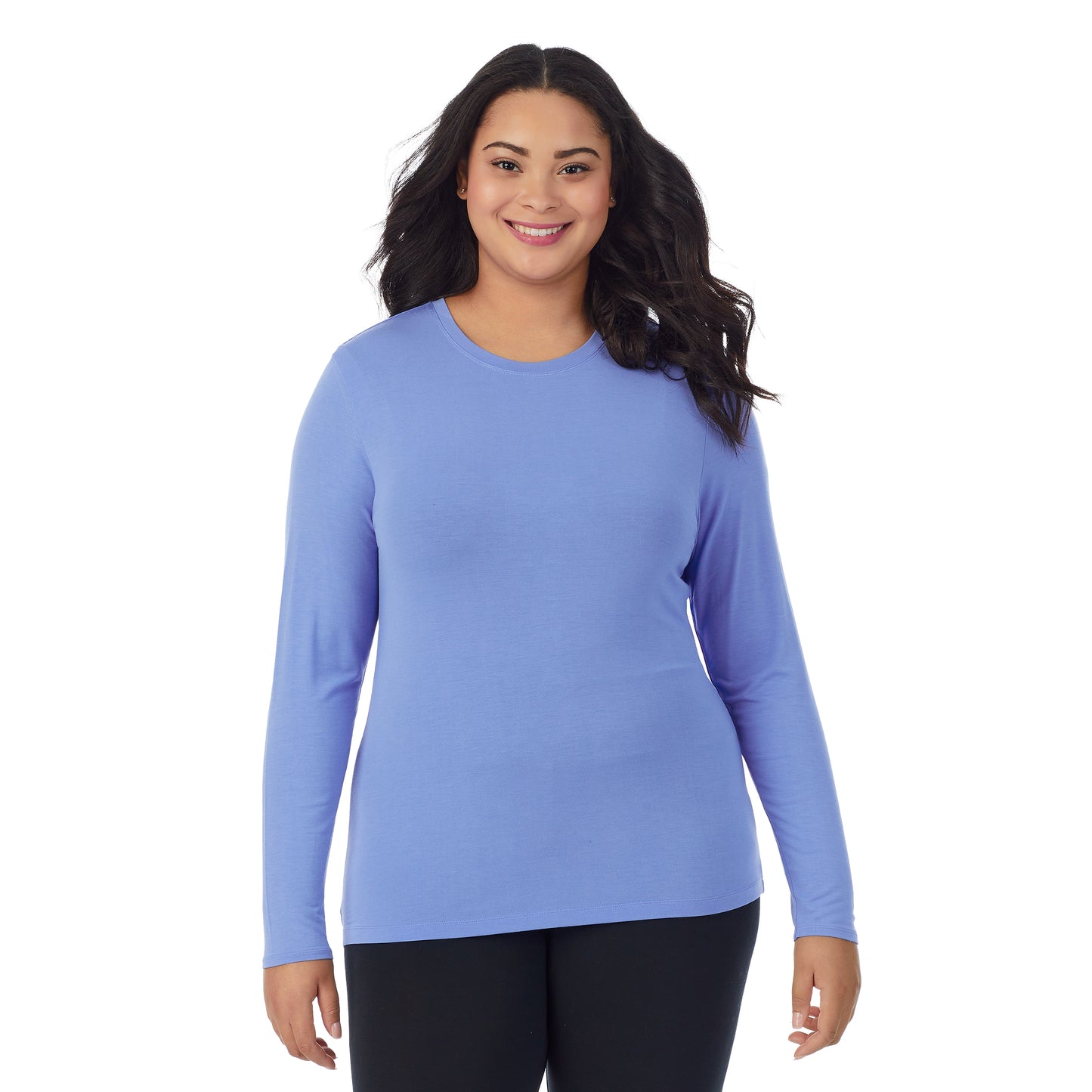Ultramarine;Model is wearing size 1X. She is 5'11", Bust 36", Waist 36.5", Hips 47.5". @A lady wearing a ultramarine long sleeve stretch crew plus.