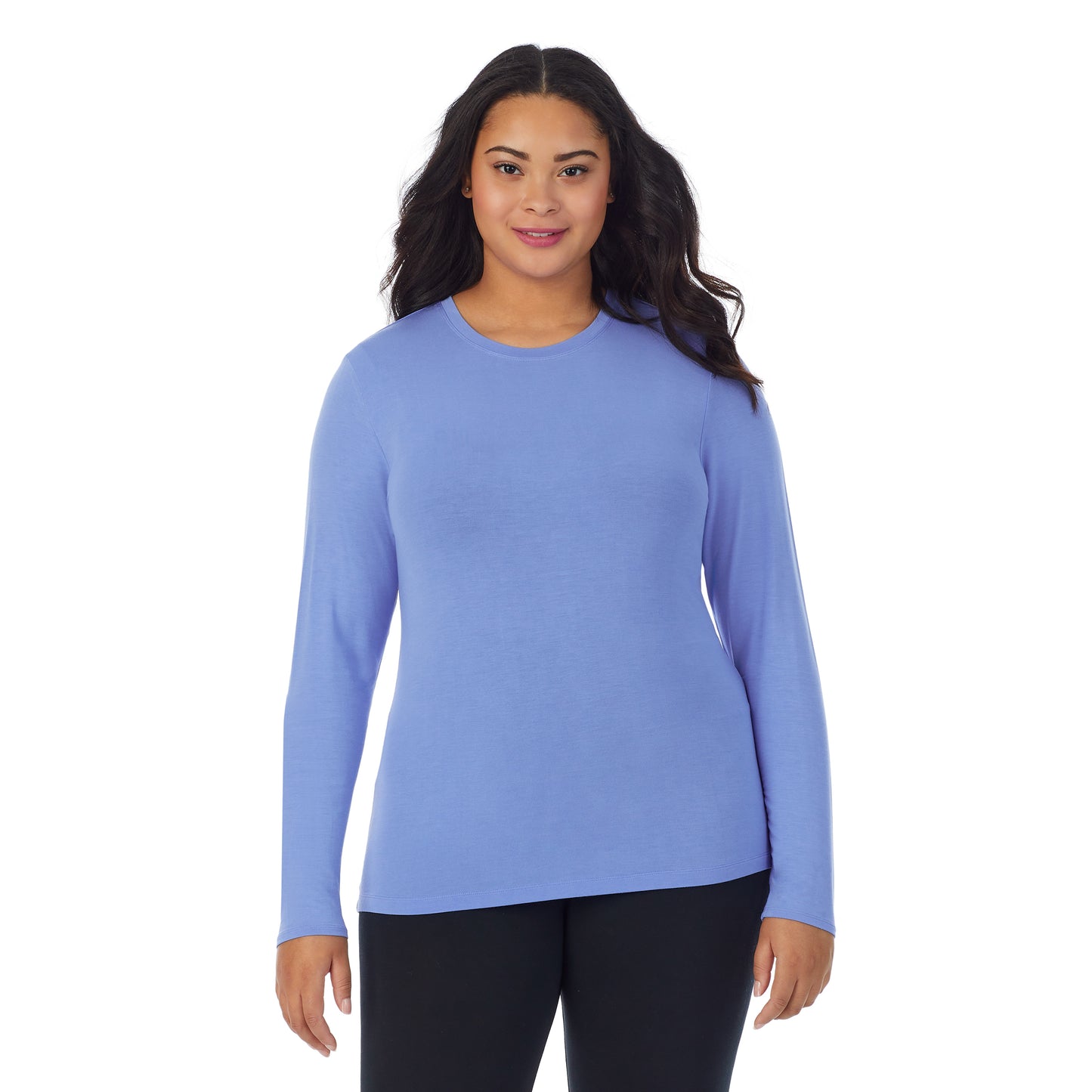 Ultramarine;Model is wearing size 1X. She is 5'11", Bust 36", Waist 36.5", Hips 47.5". @A lady wearing a ultramarine long sleeve stretch crew plus.