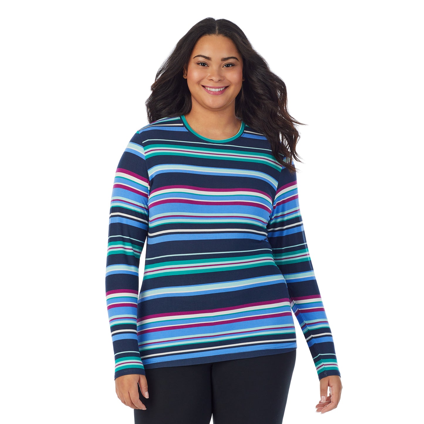 Multi Stripe;Model is wearing size 1X. She is 5'11", Bust 36", Waist 36.5", Hips 47.5". @A lady wearing a multi stripe long sleeve stretch crew plus.