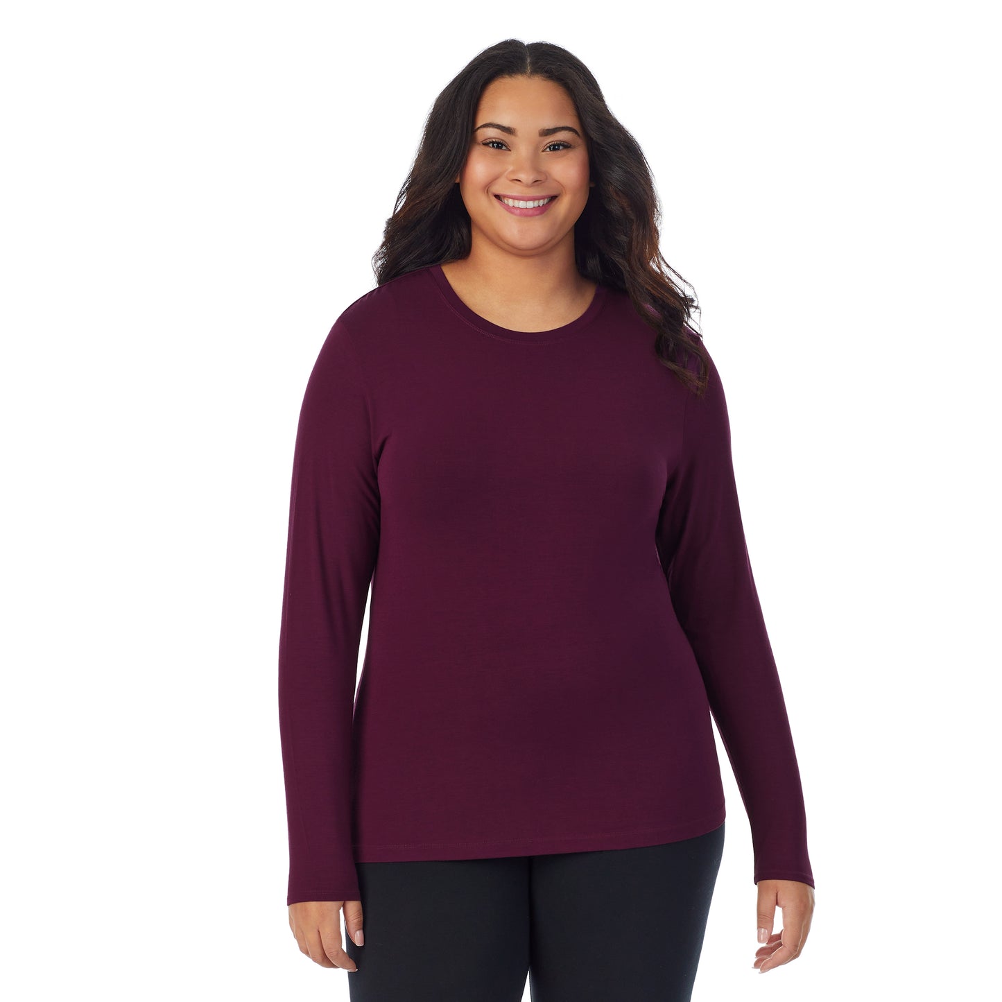 Purple Beet;Model is wearing size 1X. She is 5'11", Bust 36", Waist 36.5", Hips 47.5".@A lady wearing a purple beet long sleeve stretch crew plus.