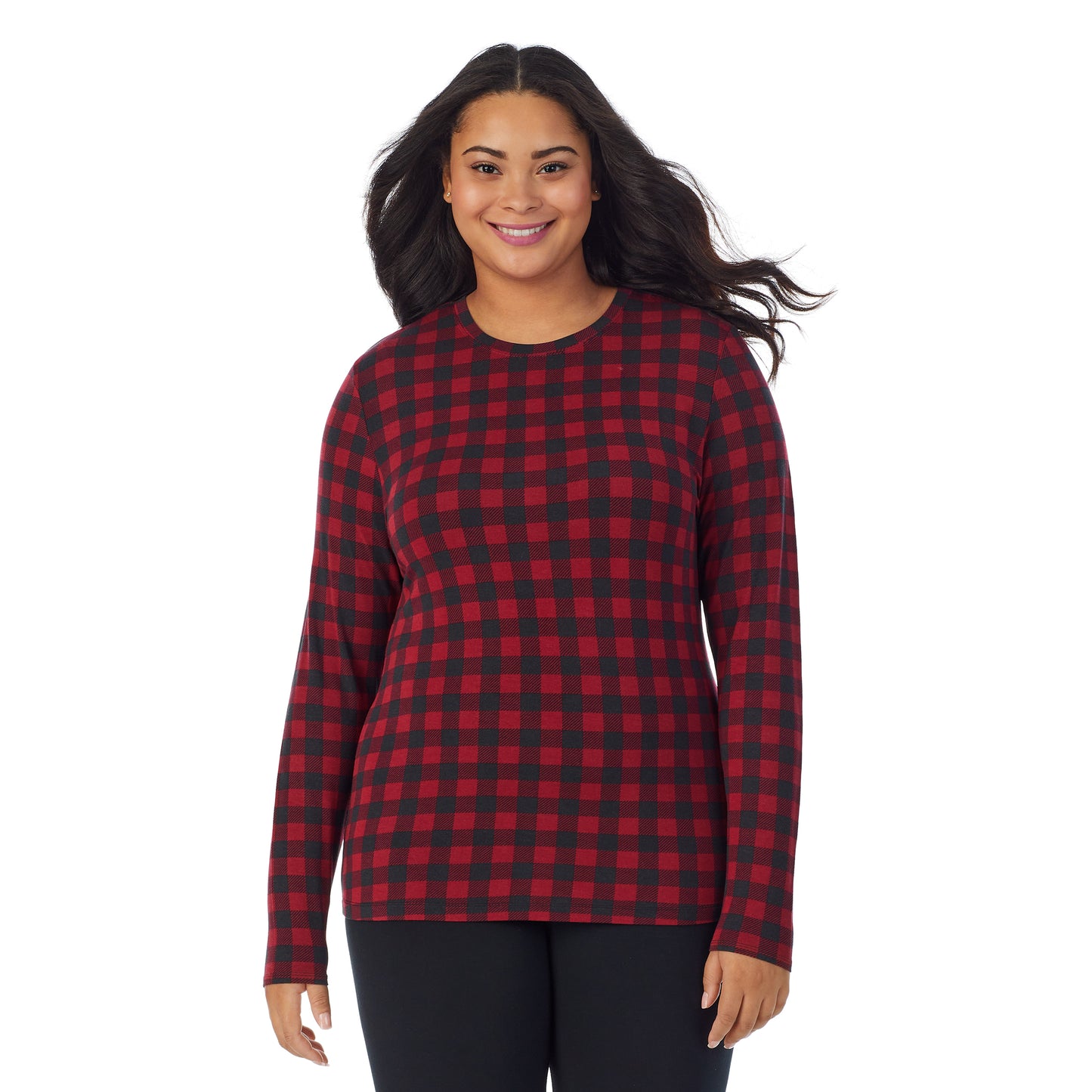 Red Buffalo;Model is wearing size 1X. She is 5'11", Bust 36", Waist 36.5", Hips 47.5". @A lady wearing a Red Buffalo long sleeve stretch crew plus.