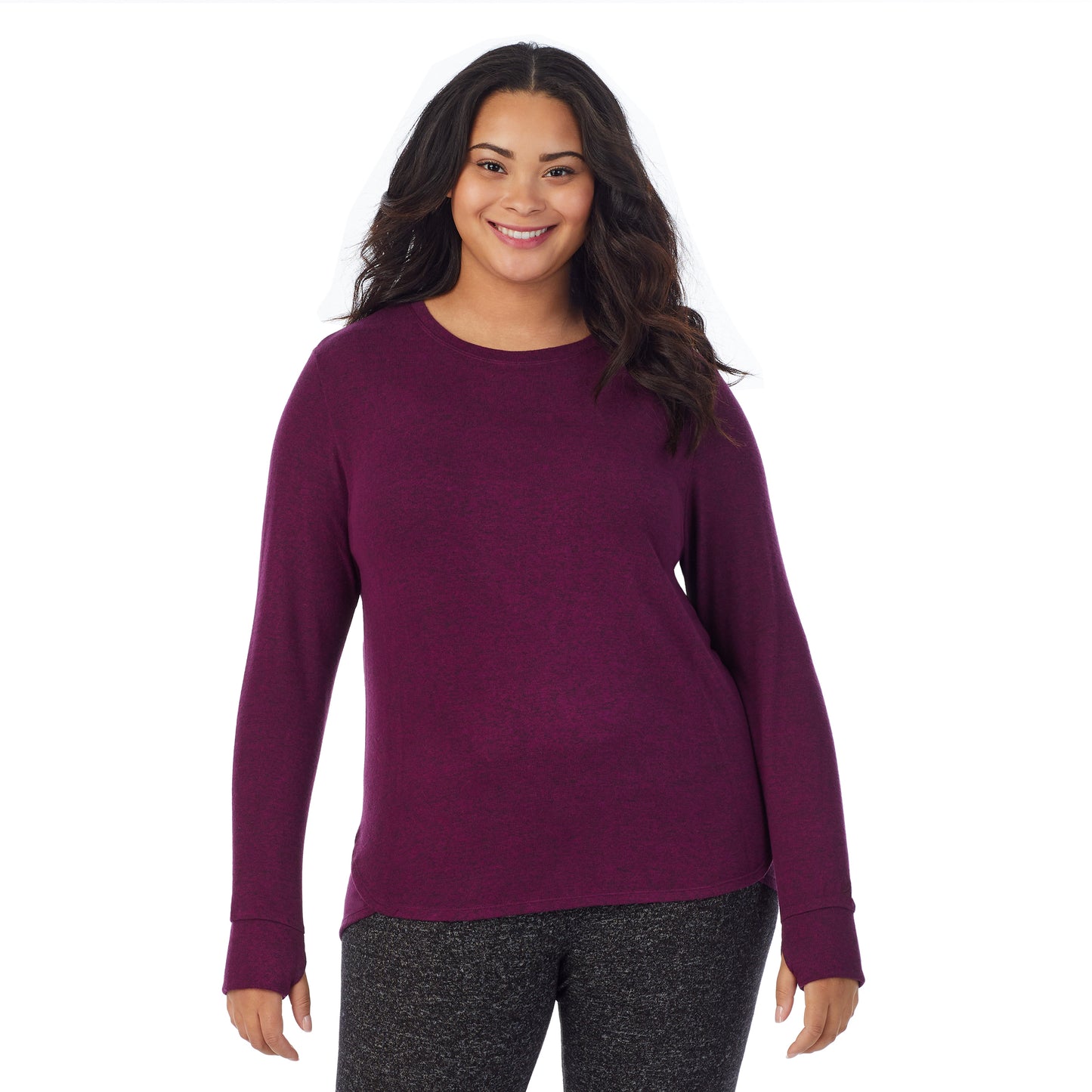 Marled Purple Beet; Model is wearing size 1X. She is 5’11”, Bust 36”, Waist 36.5”, Hips 47.5”. @A lady wearing a Marled Purple Beet long sleeve crew plus.