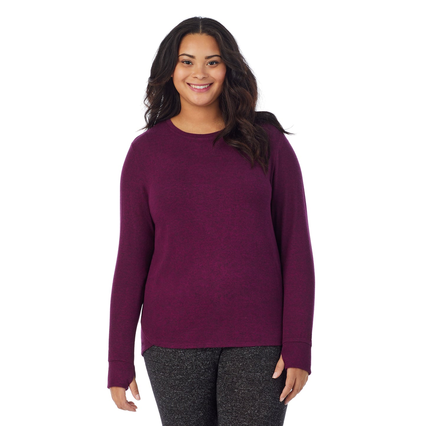 Marled Purple Beet; Model is wearing size 1X. She is 5’11”, Bust 36”, Waist 36.5”, Hips 47.5”. @A lady wearing a Marled Purple Beet long sleeve crew plus.