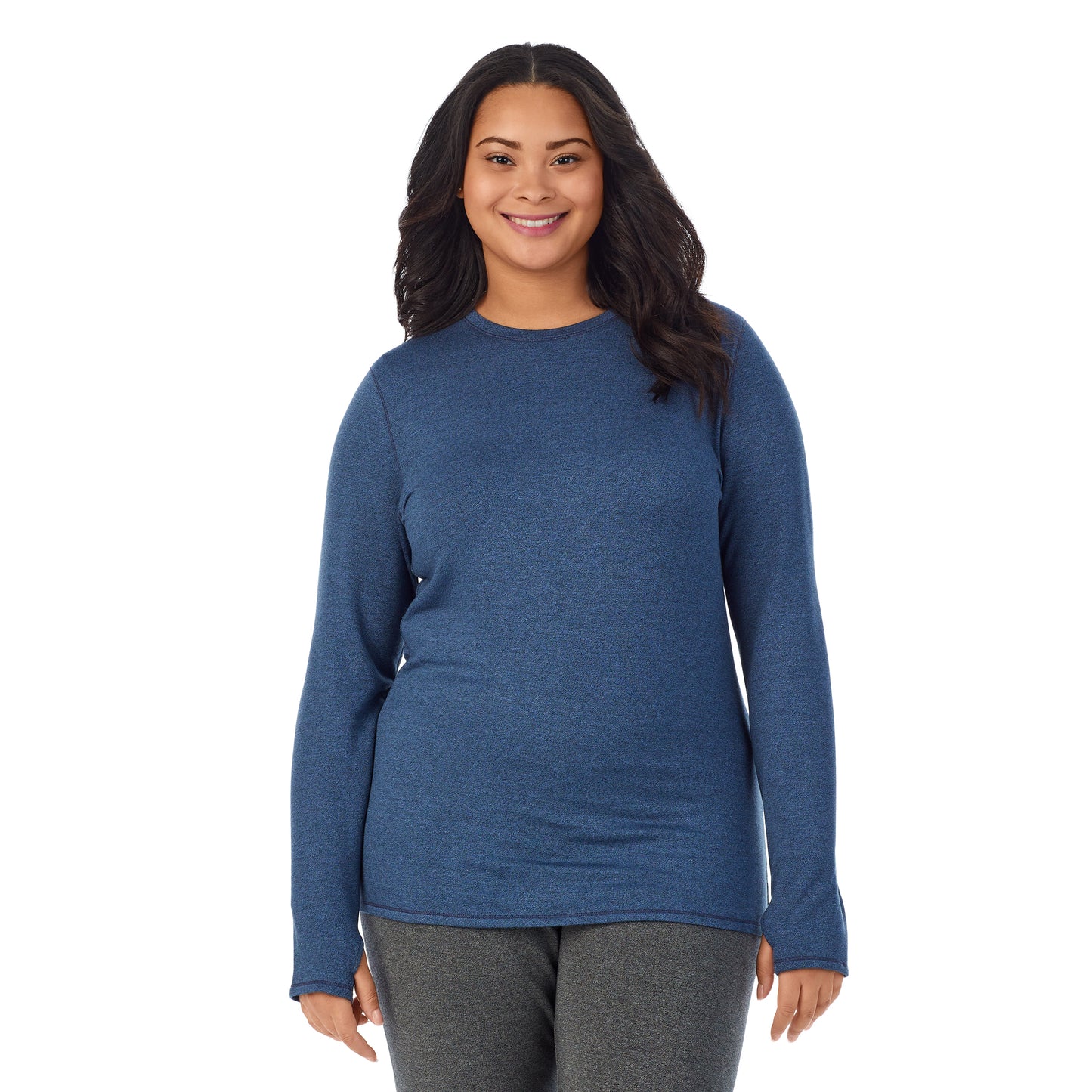 Ultramarine Heather;Model is wearing size 1X. She is 5’11”, Bust 36”, Waist 36.5”, Hips 47.5”.@ A lady wearing ultramarine heather Ultra Cozy Long Sleeve Crew PLUS