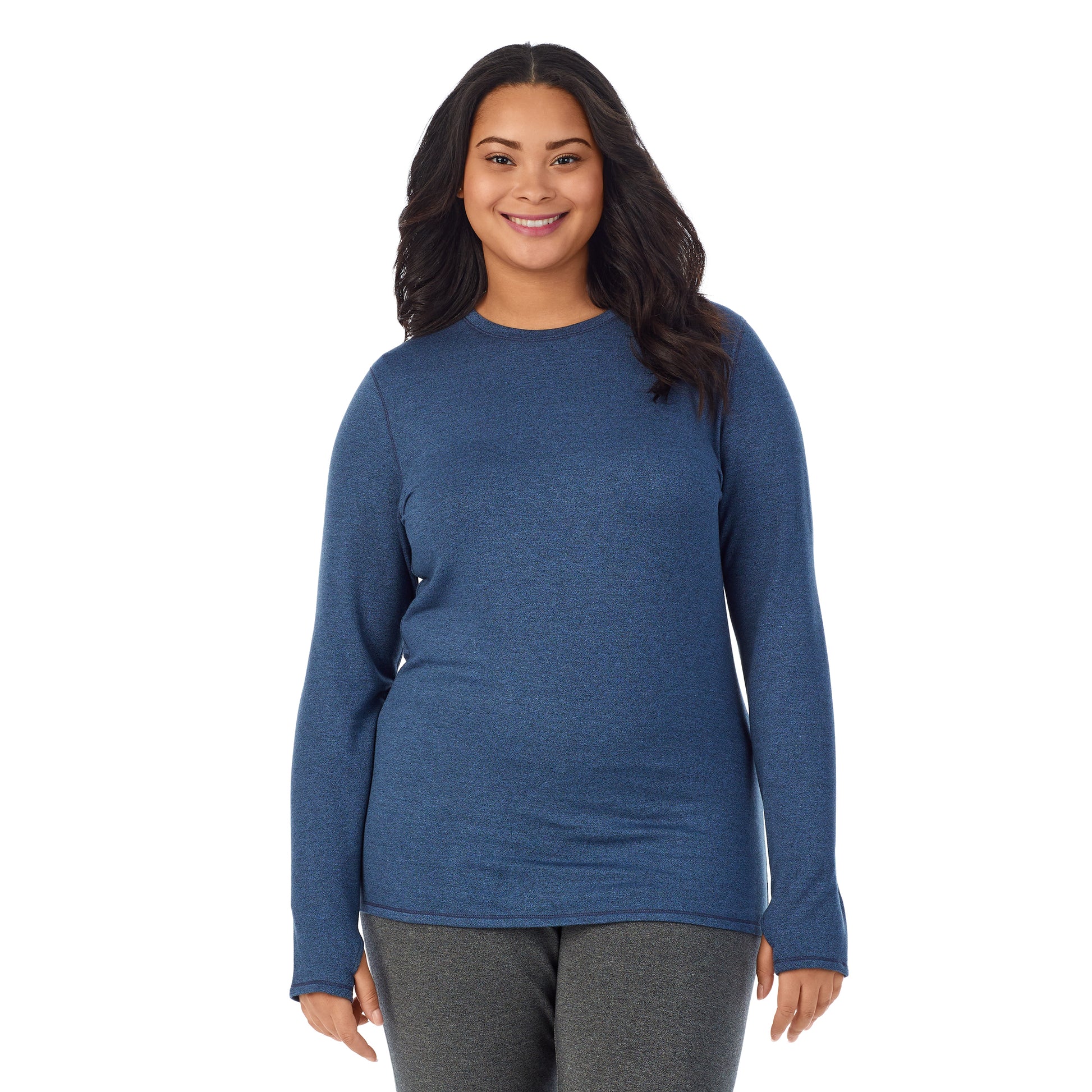 A lady wearing ultramarine heather Ultra Cozy Long Sleeve Crew PLUS