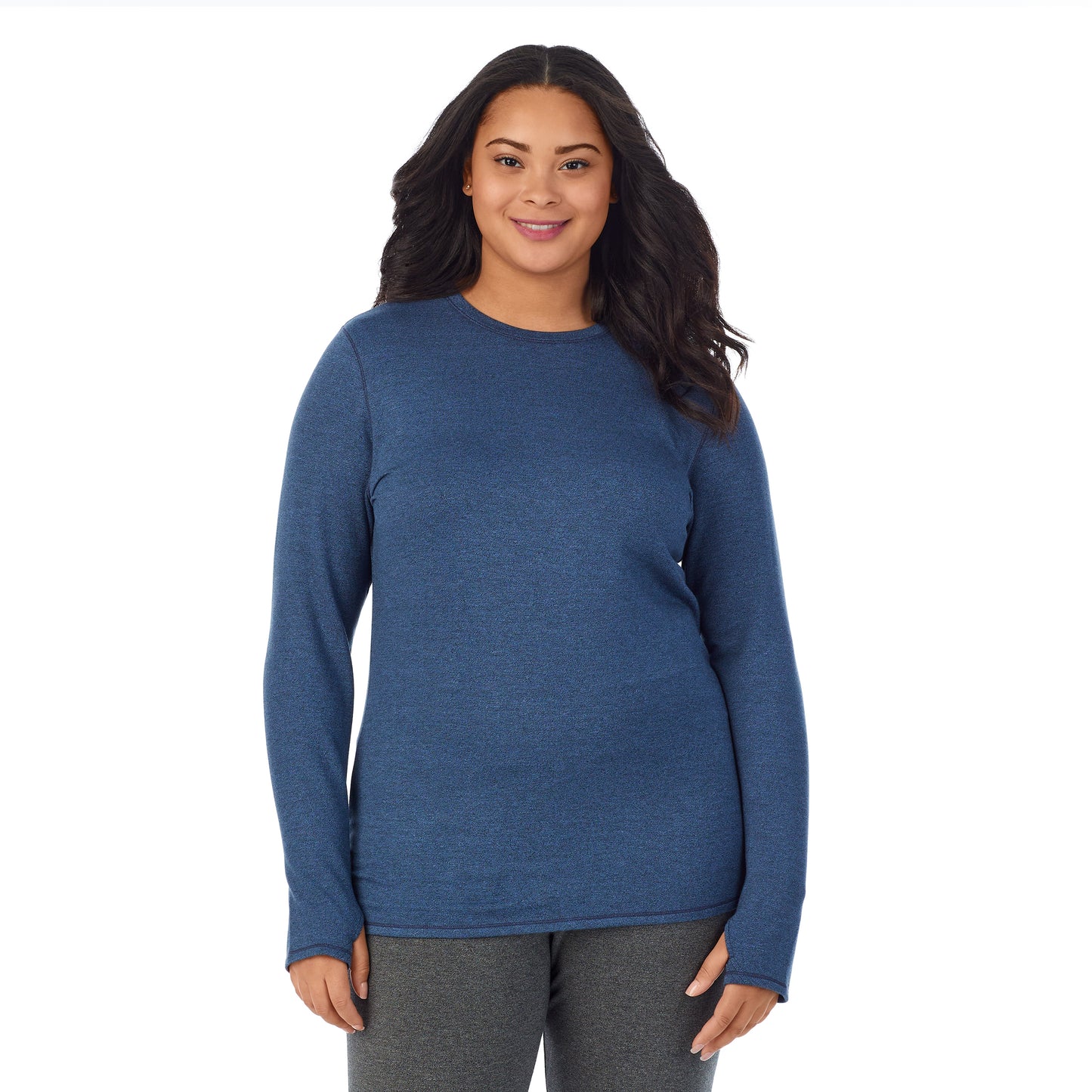 Ultramarine Heather;Model is wearing size 1X. She is 5’11”, Bust 36”, Waist 36.5”, Hips 47.5”.@ A lady wearing ultramarine heather Ultra Cozy Long Sleeve Crew PLUS