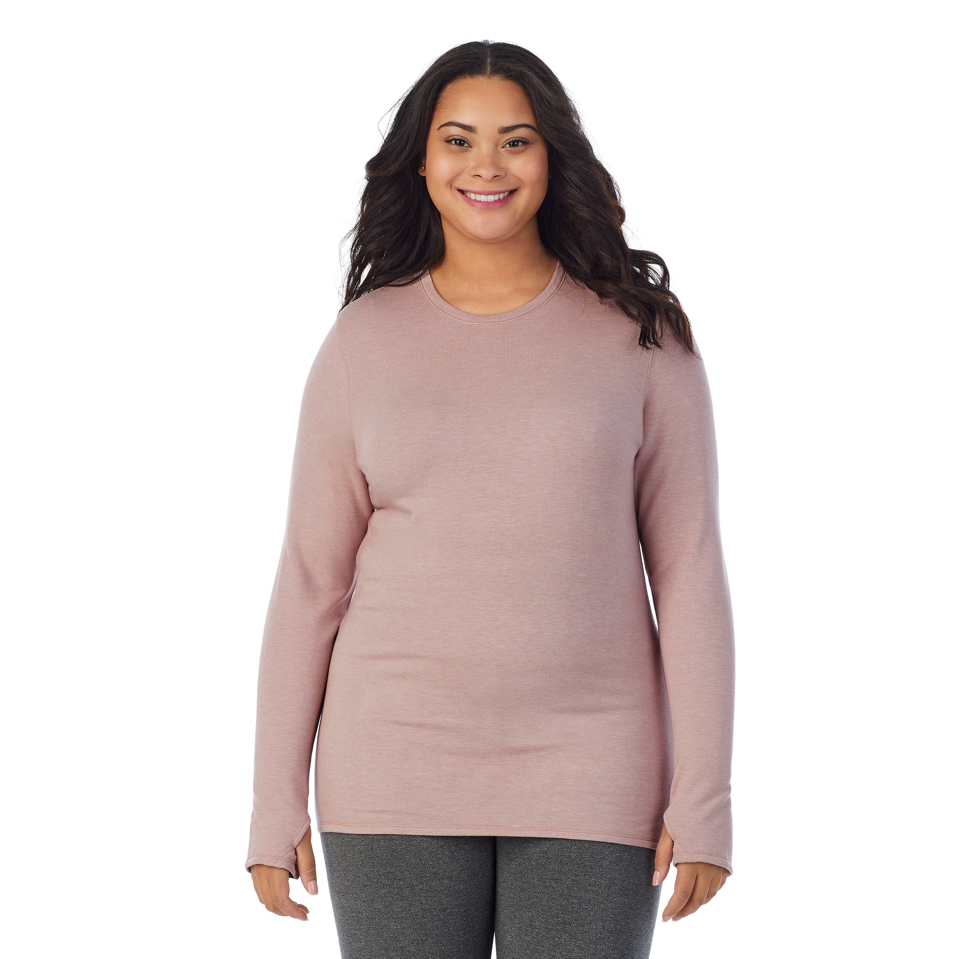 A lady wearing mauve shadow heather Ultra Cozy Long Sleeve Crew PLUS