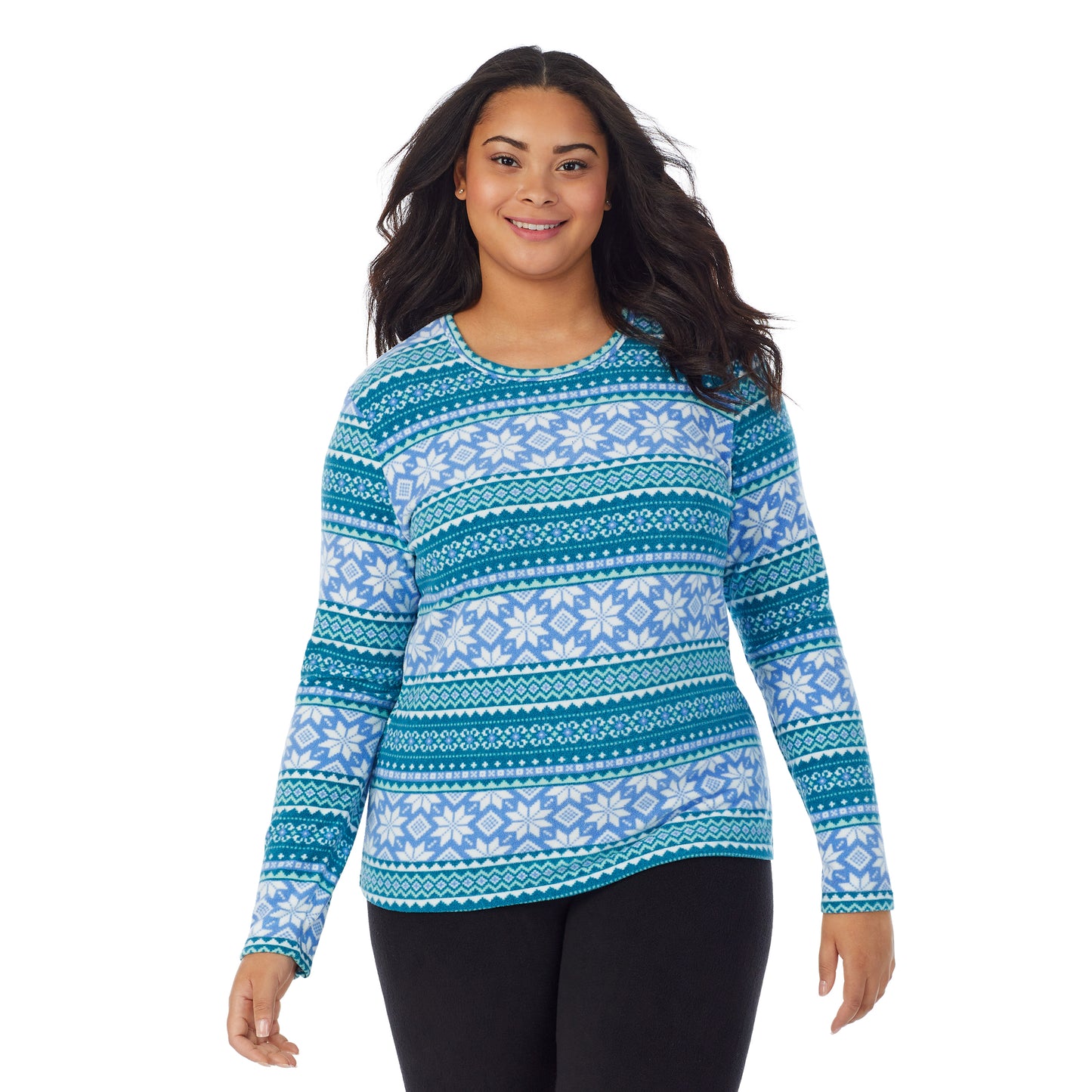 Teal Fairisle;Model is wearing size 1X. She is 5’11”, Bust 36”, Waist 36.5”, Hips 47.5”.@A lady wearing teal fairisle fleecewear with stretch long sleeve crew plus.