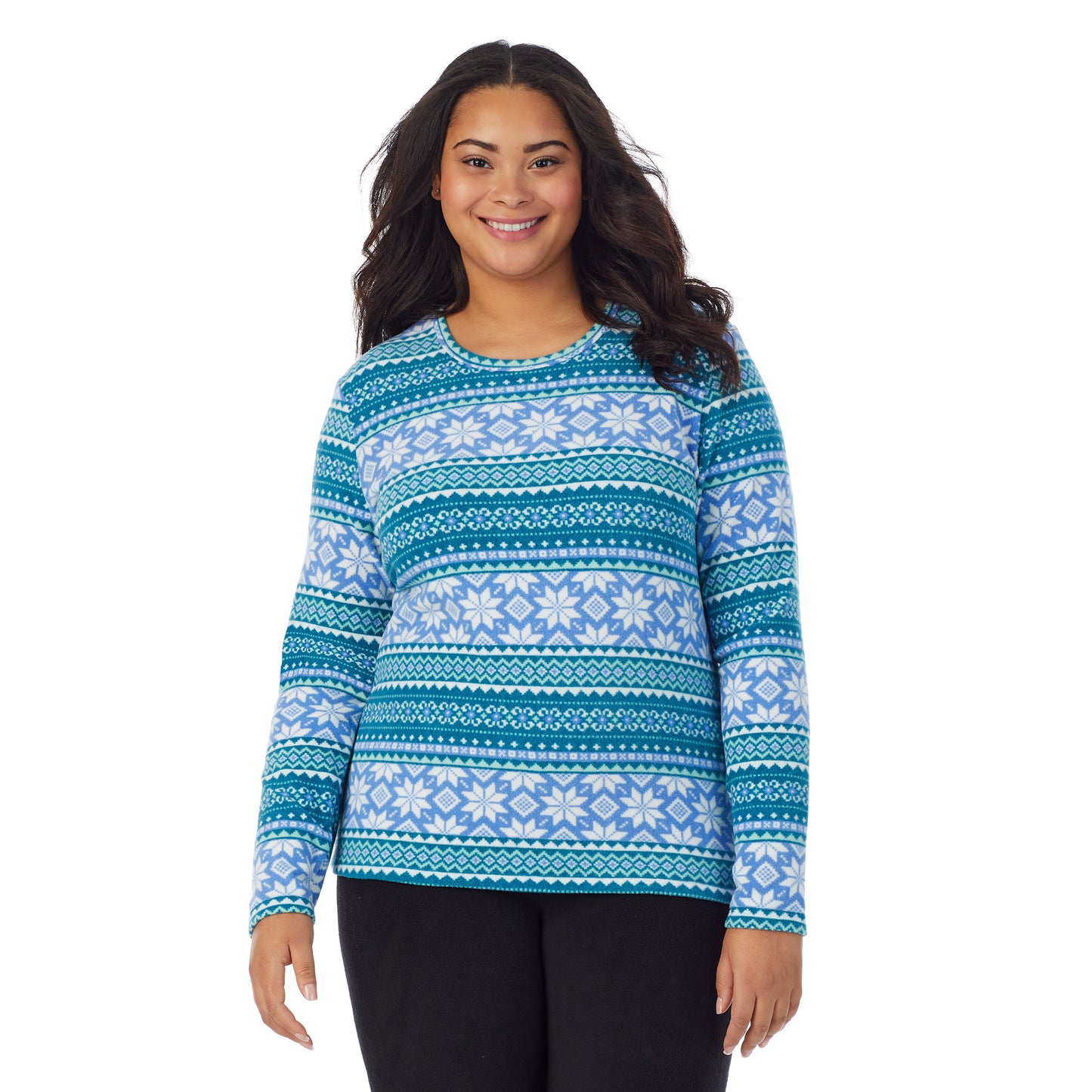 Teal Fairisle;Model is wearing size 1X. She is 5’11”, Bust 36”, Waist 36.5”, Hips 47.5”.@A lady wearing teal fairisle fleecewear with stretch long sleeve crew plus.