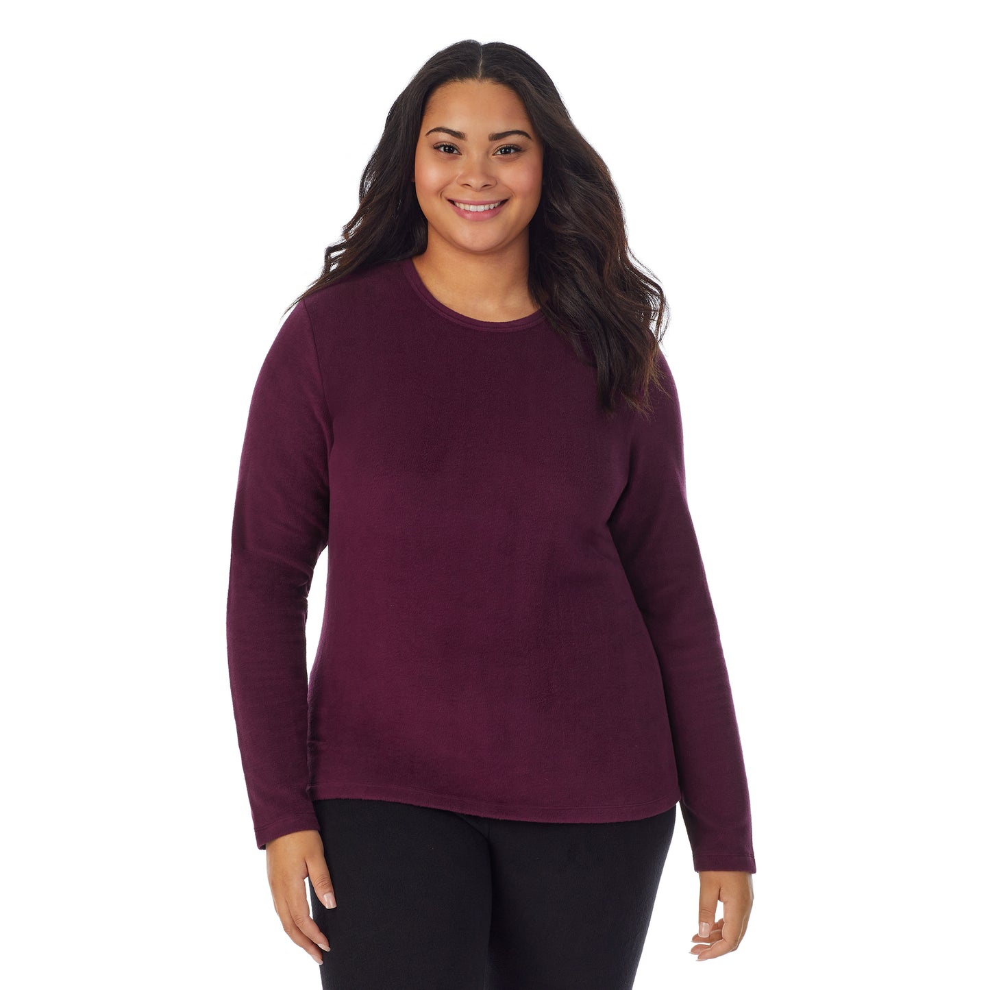 Purple Beet;Model is wearing size 1X. She is 5’11”, Bust 36”, Waist 36.5”, Hips 47.5”.@A lady wearing purple beet fleecewear with stretch long sleeve crew plus.