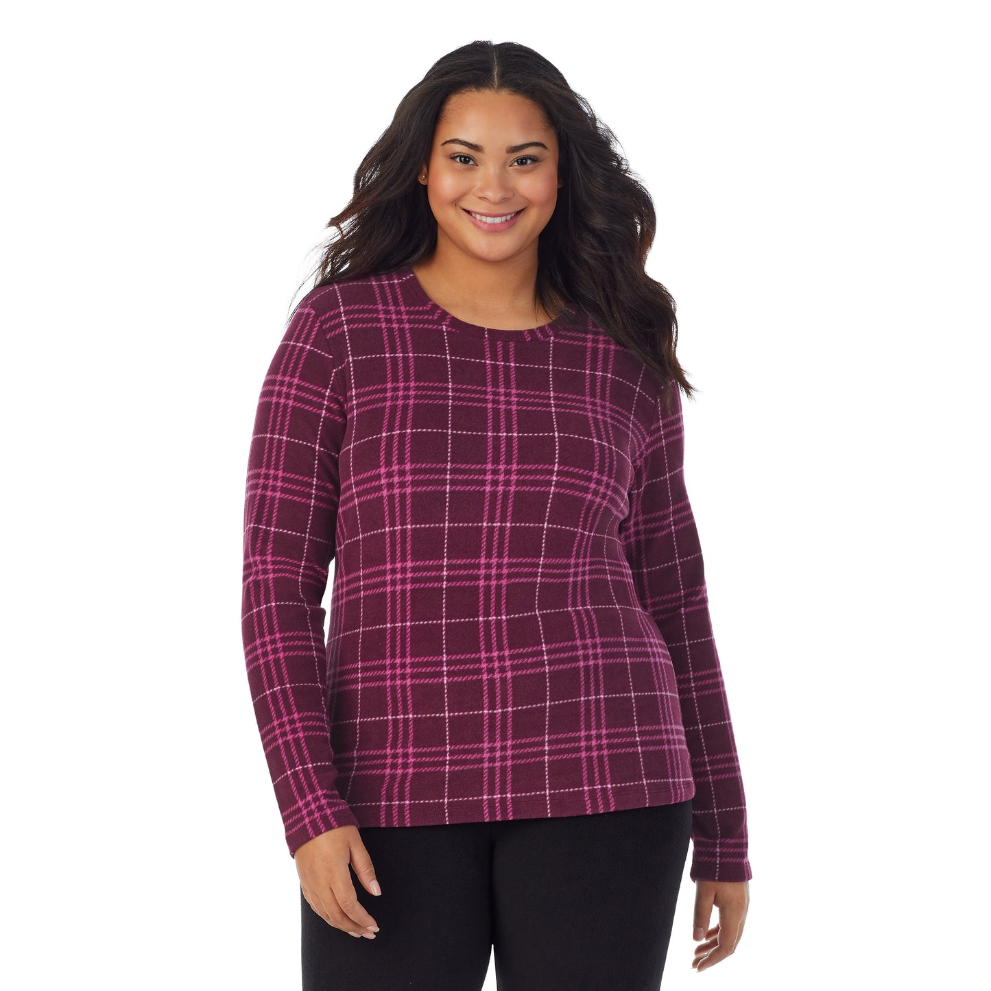 Beet Plaid;Model is wearing size 1X. She is 5’11”, Bust 36”, Waist 36.5”, Hips 47.5”.@A lady wearing beet plaid fleecewear with stretch long sleeve crew plus.