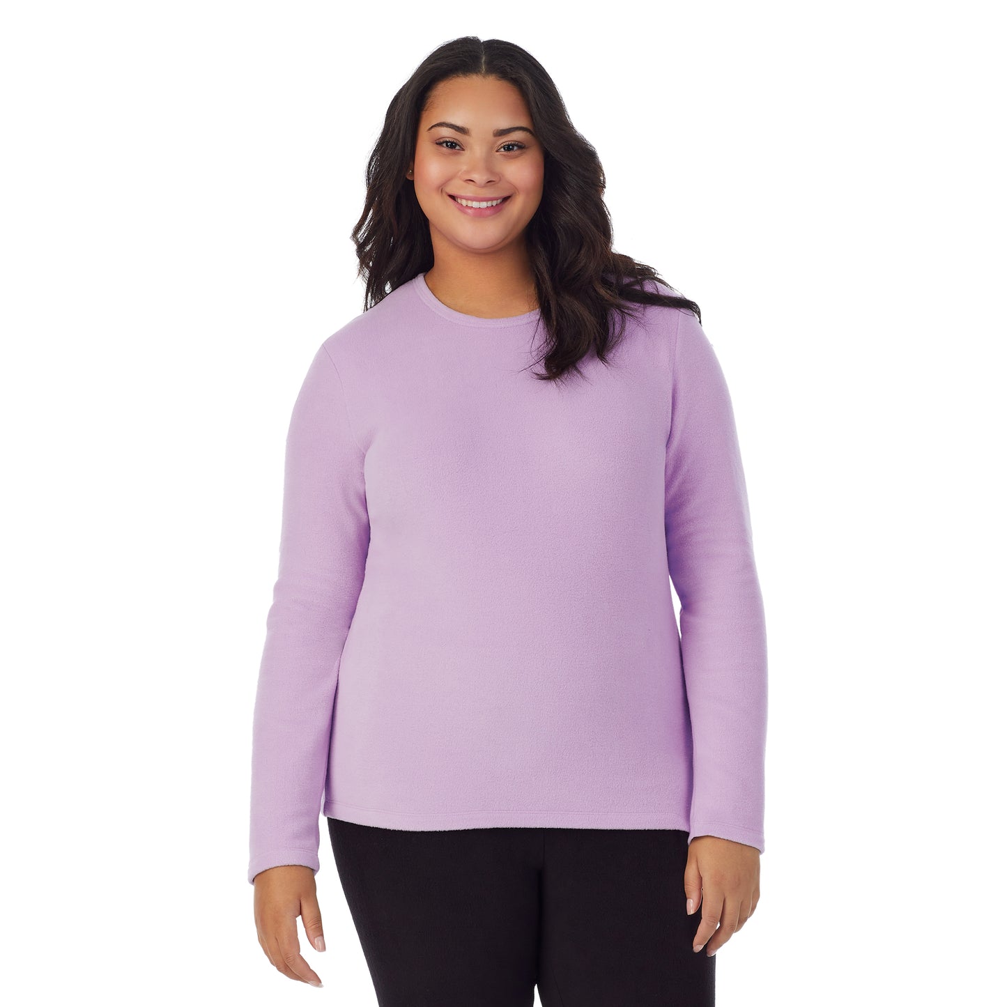 Purple Rose;Model is wearing size 1X. She is 5’11”, Bust 36”, Waist 36.5”, Hips 47.5”.@A lady wearing purple rose fleecewear with stretch long sleeve crew plus.