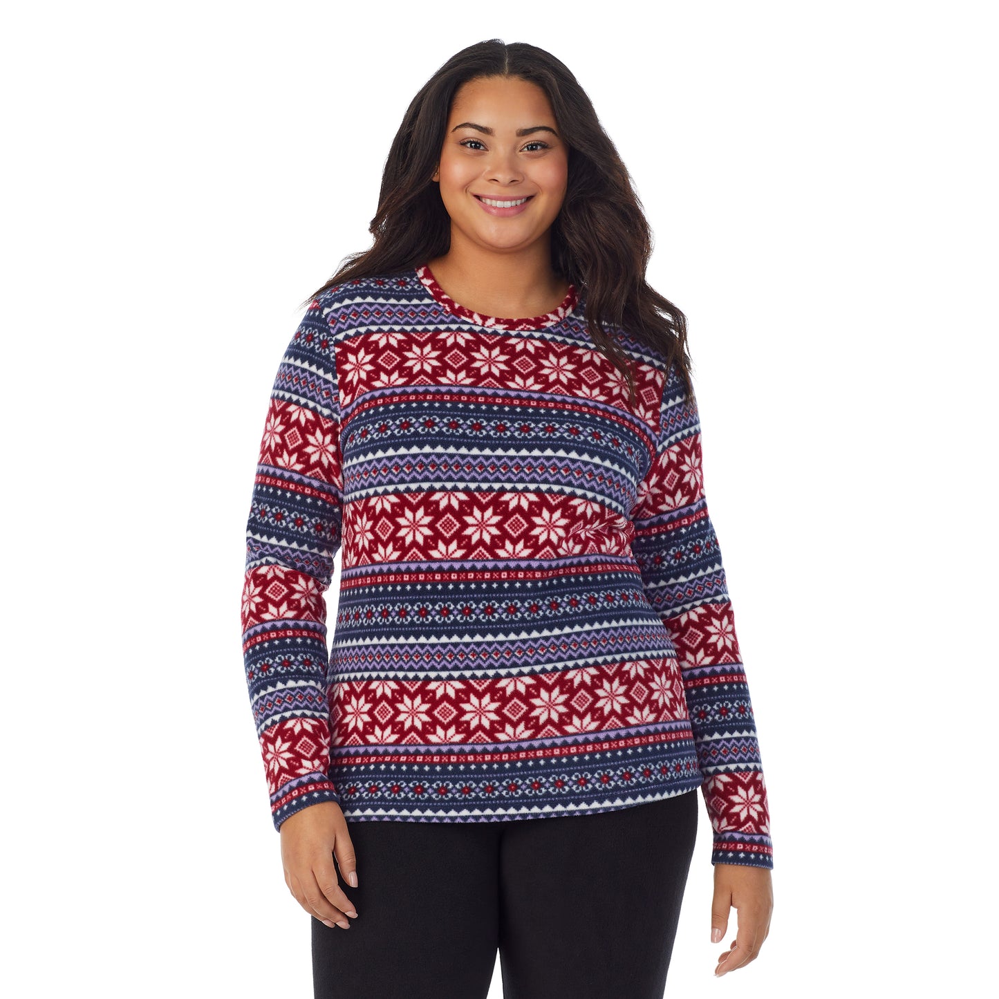 Navy Fairisle;Model is wearing size 1X. She is 5’11”, Bust 36”, Waist 36.5”, Hips 47.5”.@A lady wearing navy fairisle fleecewear with stretch long sleeve crew plus.