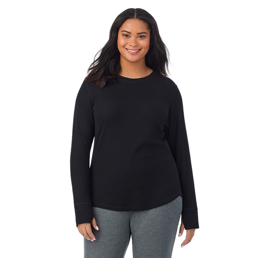 A Lady is wearing Black Cozy Stretch Thermal Long Sleeve Crew PLUS