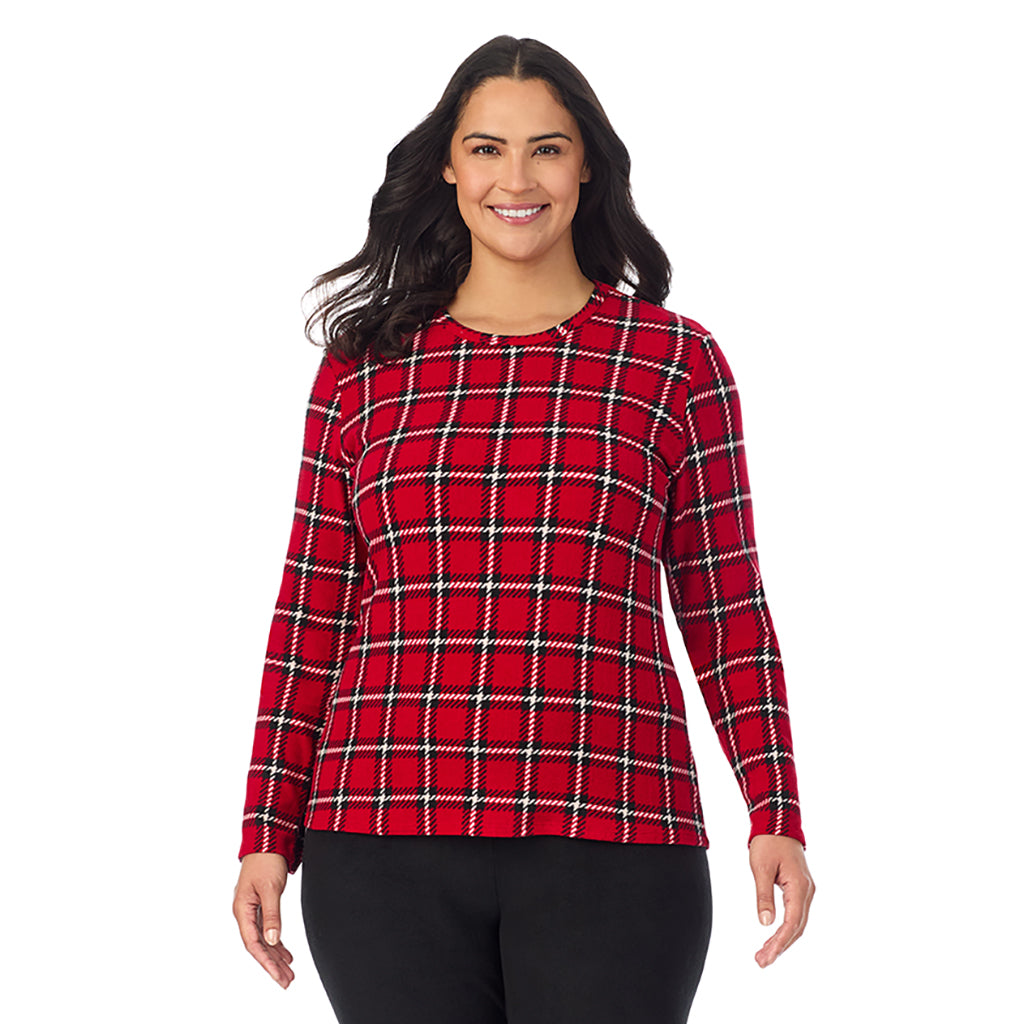 A Lady is wearing Red Plaid Fleecewear With Stretch Long Sleeve Crew PLUS