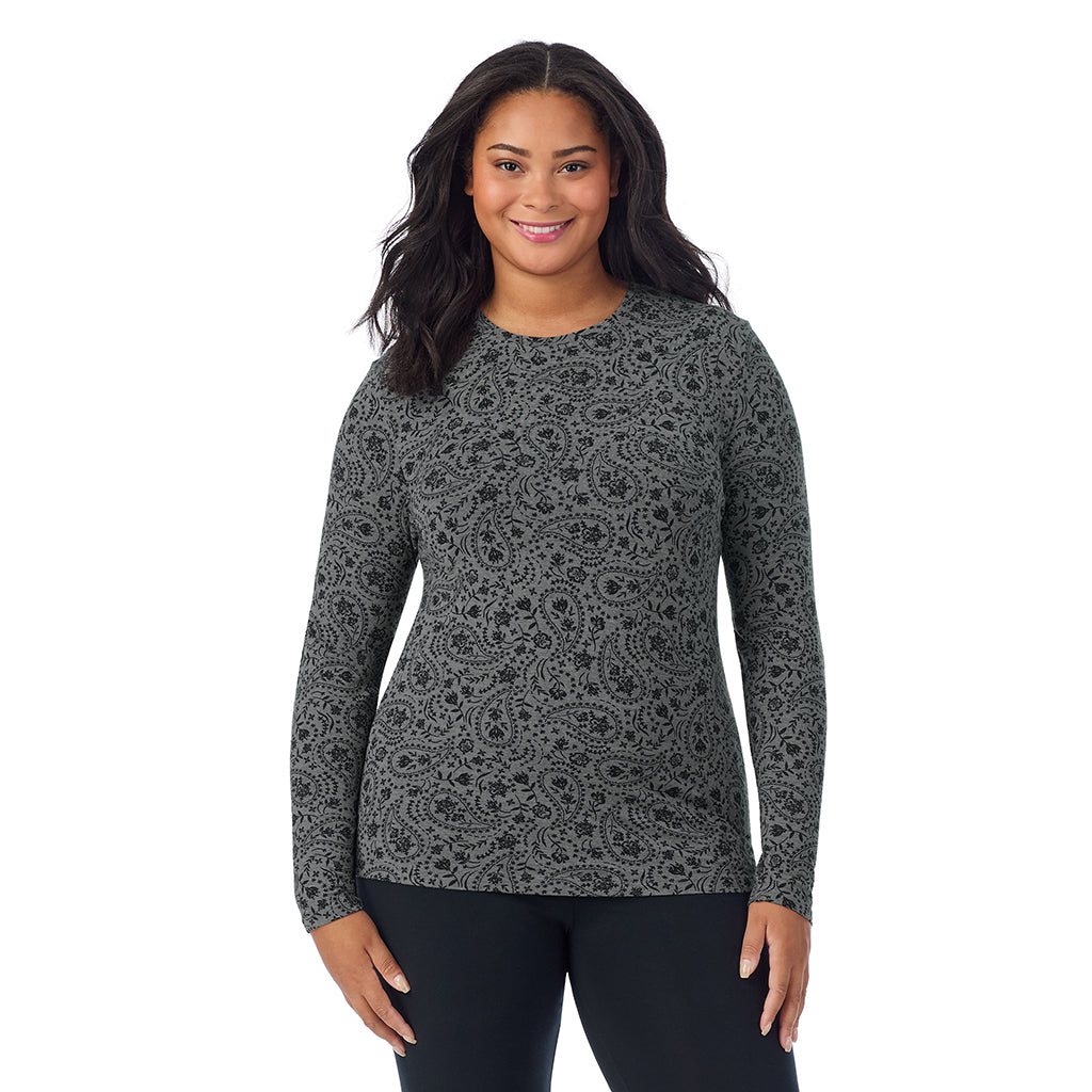 Charcoal Paisley; Model is wearing size 1X. She is 5'11", Bust 36", Waist 36.5", Hips 47.5".@A lady wearing a charcoal paisley long sleeve crew plus.