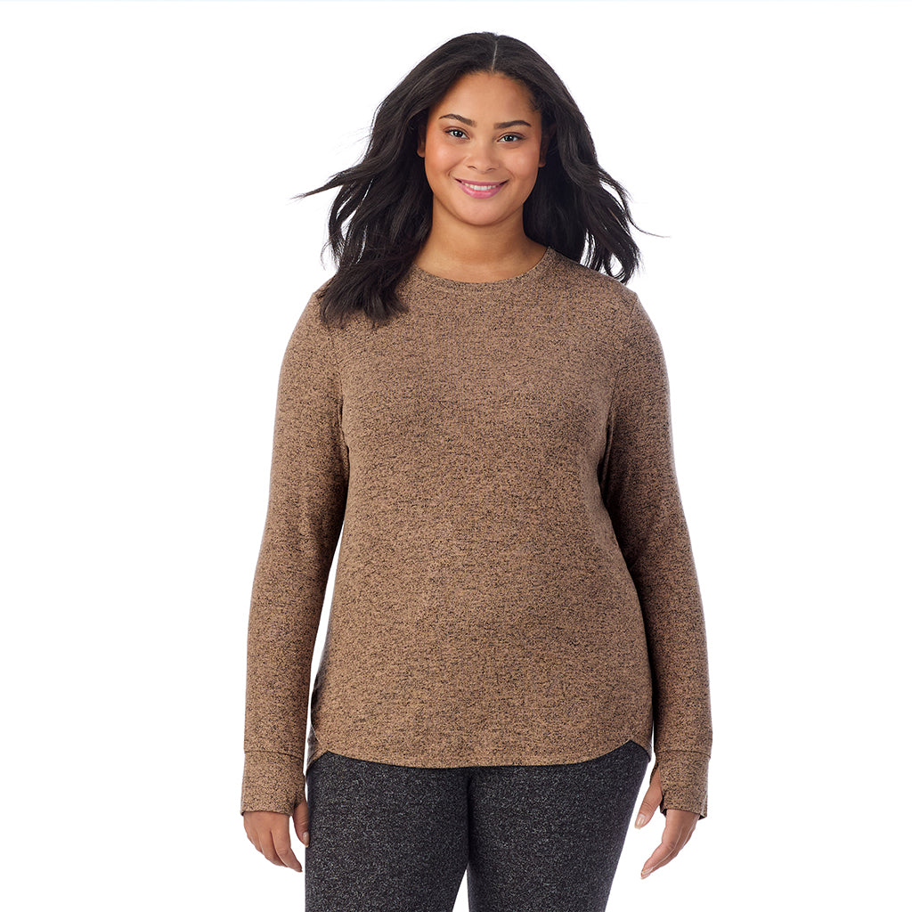 Marled Walnut Taupe; Model is wearing size 1X. She is 5'11", Bust 36", Waist 36.5", Hips 47.5".@ A Lady is wearing Marled Walnut Taupe Soft Knit Long Sleeve Crew PLUS