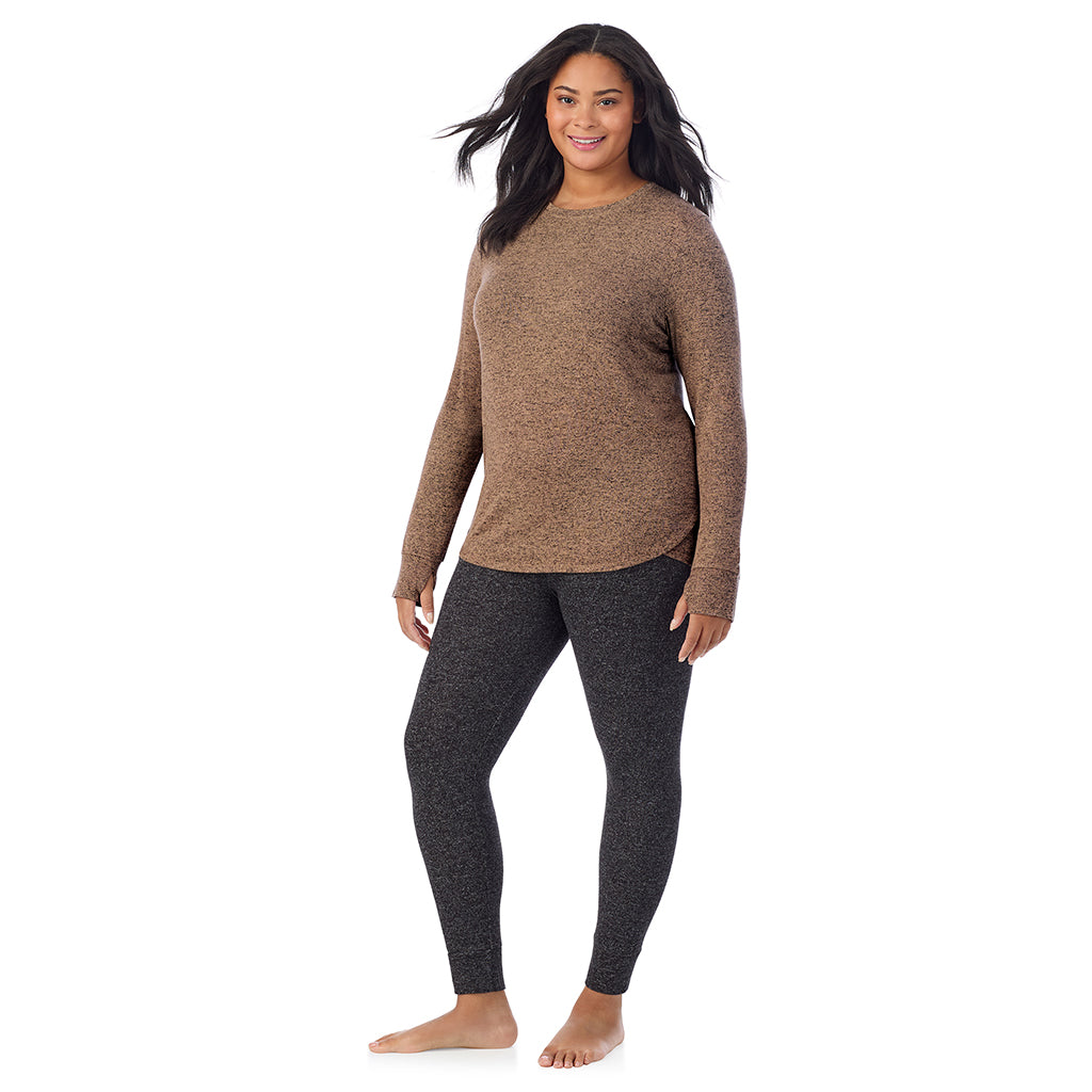 Marled Walnut Taupe; Model is wearing size 1X. She is 5'11", Bust 36", Waist 36.5", Hips 47.5".@ A Lady is wearing Marled Walnut Taupe Soft Knit Long Sleeve Crew PLUS