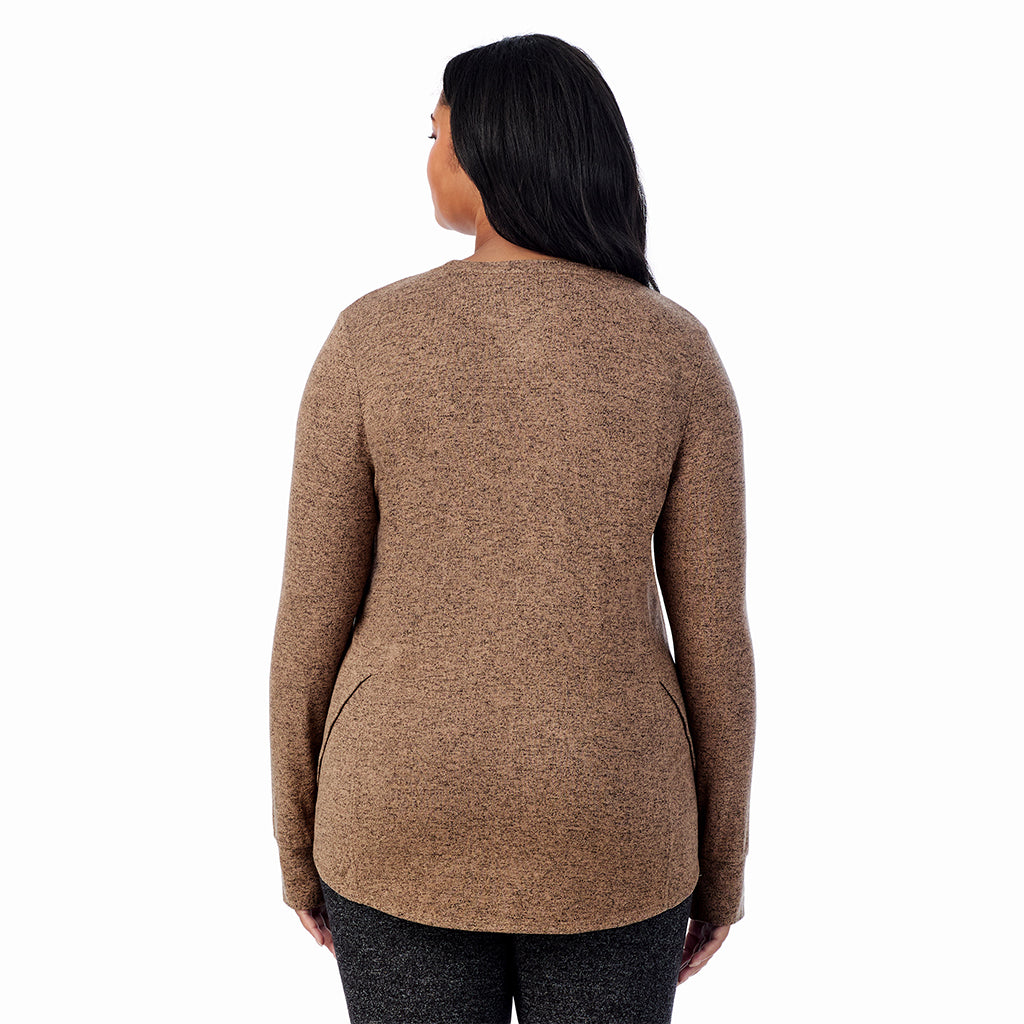Marled Walnut Taupe; Model is wearing size 1X. She is 5'11", Bust 36", Waist 36.5", Hips 47.5".@ A Lady is wearing Marled Walnut Taupe Soft Knit Long Sleeve Crew PLUS