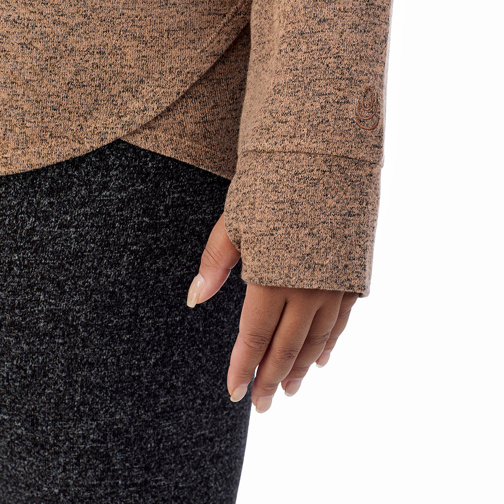 Marled Walnut Taupe; Model is wearing size 1X. She is 5'11", Bust 36", Waist 36.5", Hips 47.5".@ A Lady is wearing Marled Walnut Taupe Soft Knit Long Sleeve Crew PLUS