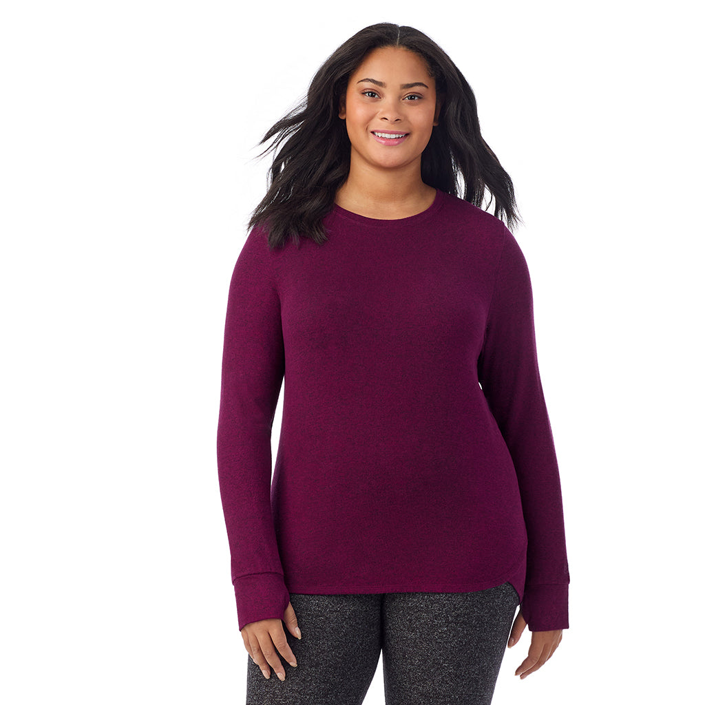 Marled Dark Purple; Model is wearing size 1X. She is 5'11", Bust 36", Waist 36.5", Hips 47.5".@ A Lady is wearing Marled Dark Purple Soft Knit Long Sleeve Crew PLUS