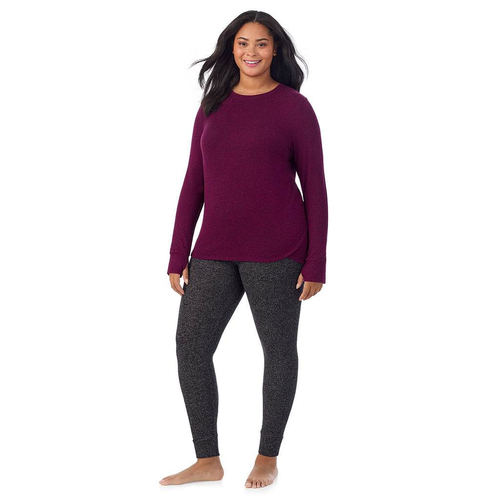 Marled Dark Purple; Model is wearing size 1X. She is 5'11", Bust 36", Waist 36.5", Hips 47.5".@ A Lady is wearing Marled Dark Purple Soft Knit Long Sleeve Crew PLUS