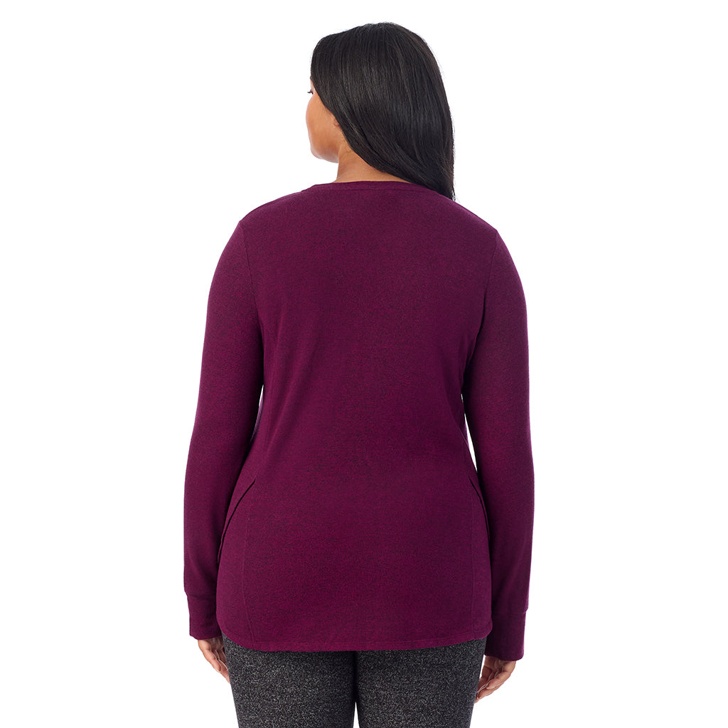 Marled Dark Purple; Model is wearing size 1X. She is 5'11", Bust 36", Waist 36.5", Hips 47.5".@ A Lady is wearing Marled Dark Purple Soft Knit Long Sleeve Crew PLUS