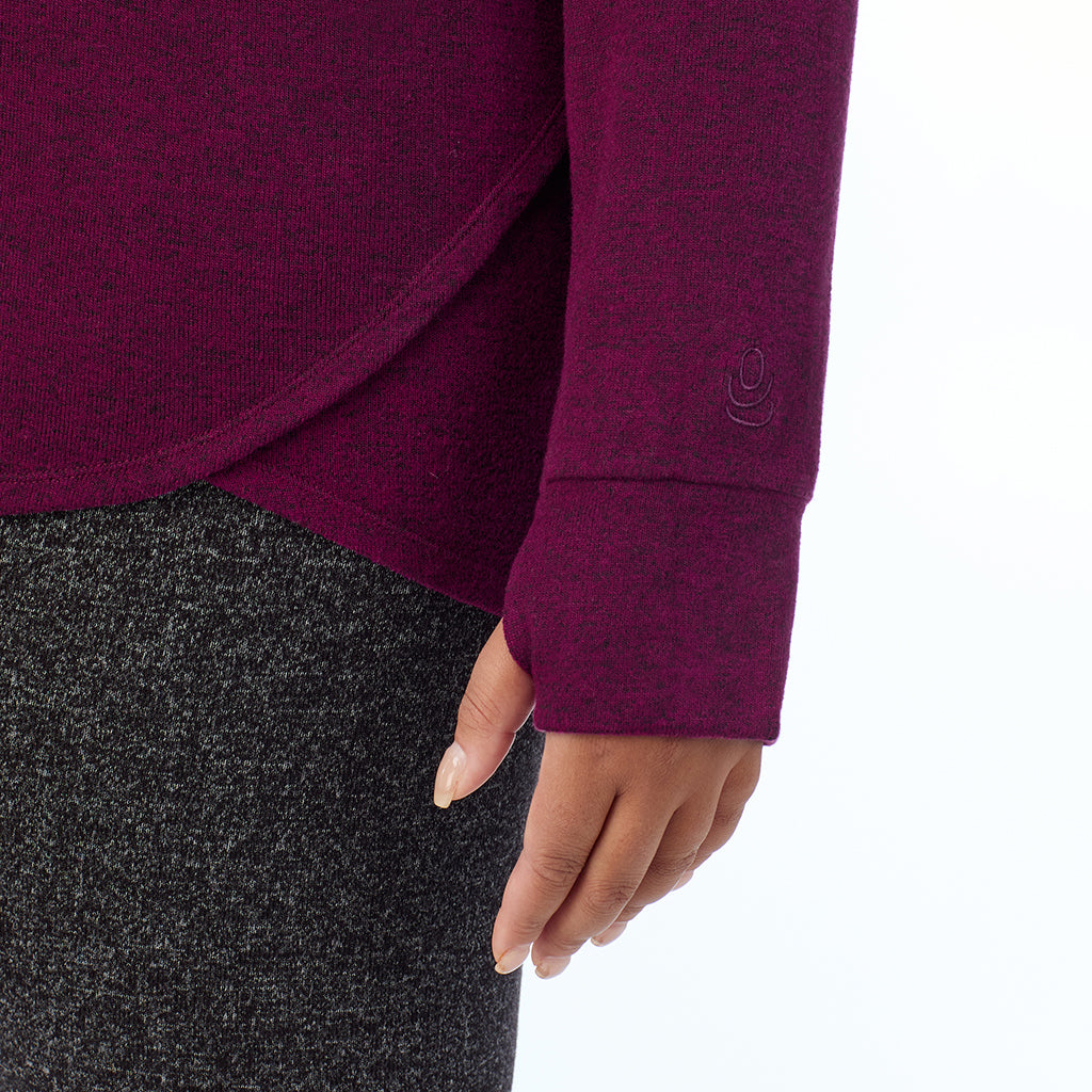 Marled Dark Purple; Model is wearing size 1X. She is 5'11", Bust 36", Waist 36.5", Hips 47.5".@ A Lady is wearing Marled Dark Purple Soft Knit Long Sleeve Crew PLUS