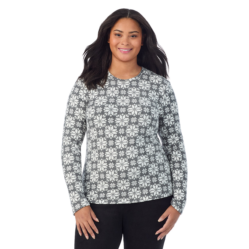 Charcoal Heather Nordic;Model is wearing size 1X. She is 5'11", Bust 36", Waist 36.5", Hips 47.5".@A lady wearing Charcoal Heather Nordic fleecewear with stretch long sleeve crew plus.