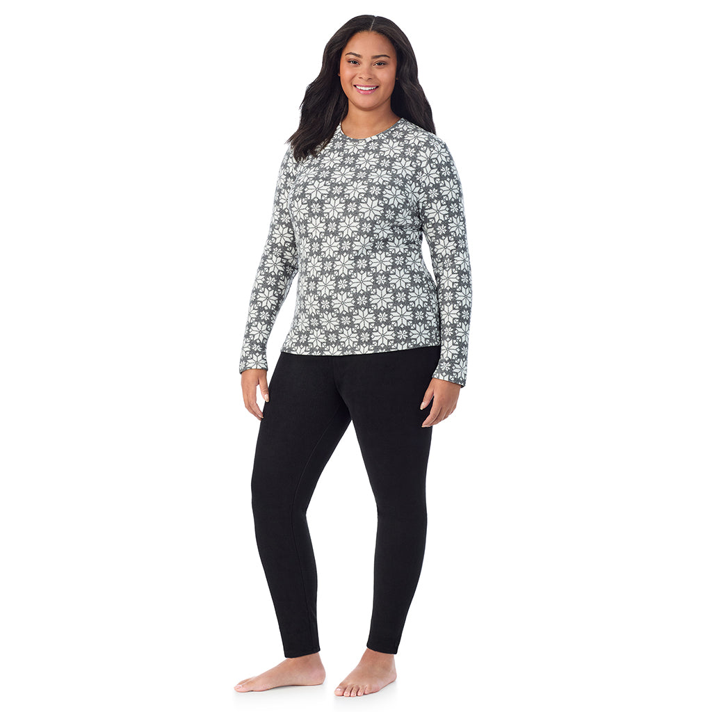 Charcoal Heather Nordic;Model is wearing size 1X. She is 5'11", Bust 36", Waist 36.5", Hips 47.5".@A lady wearing Charcoal Heather Nordic fleecewear with stretch long sleeve crew plus.