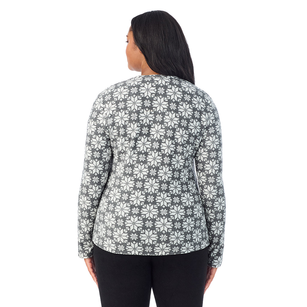 Charcoal Heather Nordic;Model is wearing size 1X. She is 5'11", Bust 36", Waist 36.5", Hips 47.5".@A lady wearing Charcoal Heather Nordic fleecewear with stretch long sleeve crew plus.