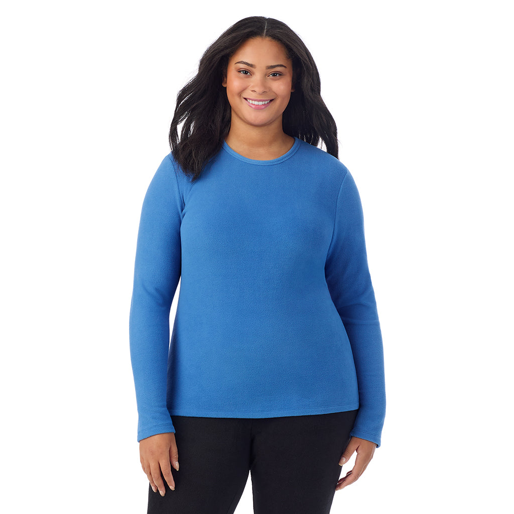 Blue Comet;Model is wearing size 1X. She is 5'11", Bust 36", Waist 36.5", Hips 47.5".@A lady wearing Blue Comet fleecewear with stretch long sleeve crew plus.
